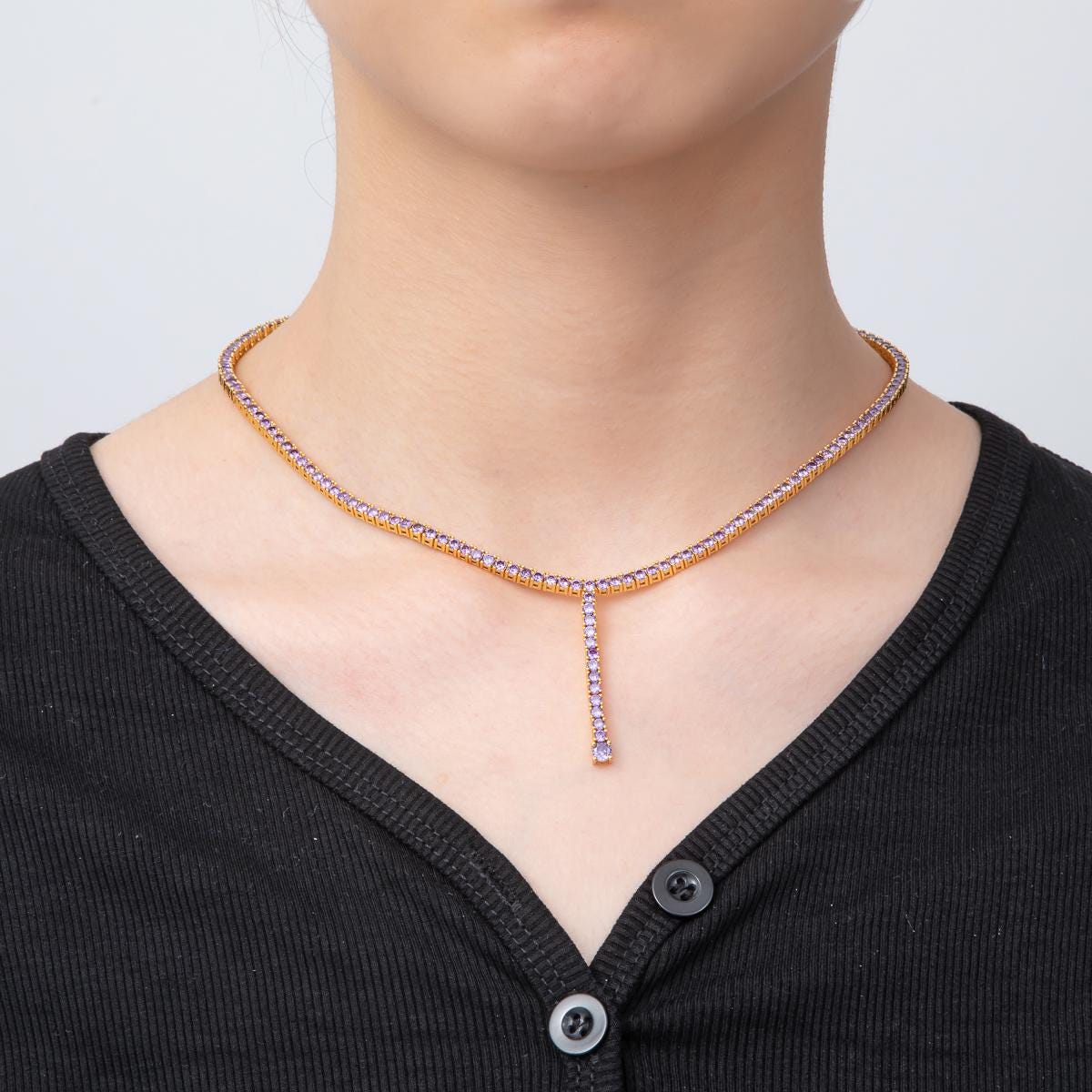 18K Gold Filled Lariat Color CZ Tennis Necklace 16 Inch Choker Short Necklace for Party Layering Necklace | WA-2241