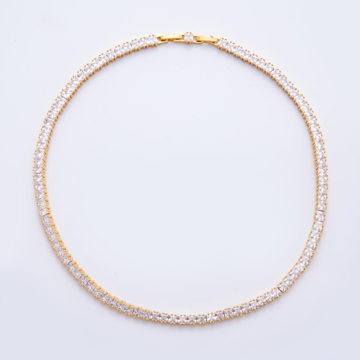 Dainty Classic Tennis Necklace, Gold 17 inch Layer Necklace Simulated Diamond Necklace
