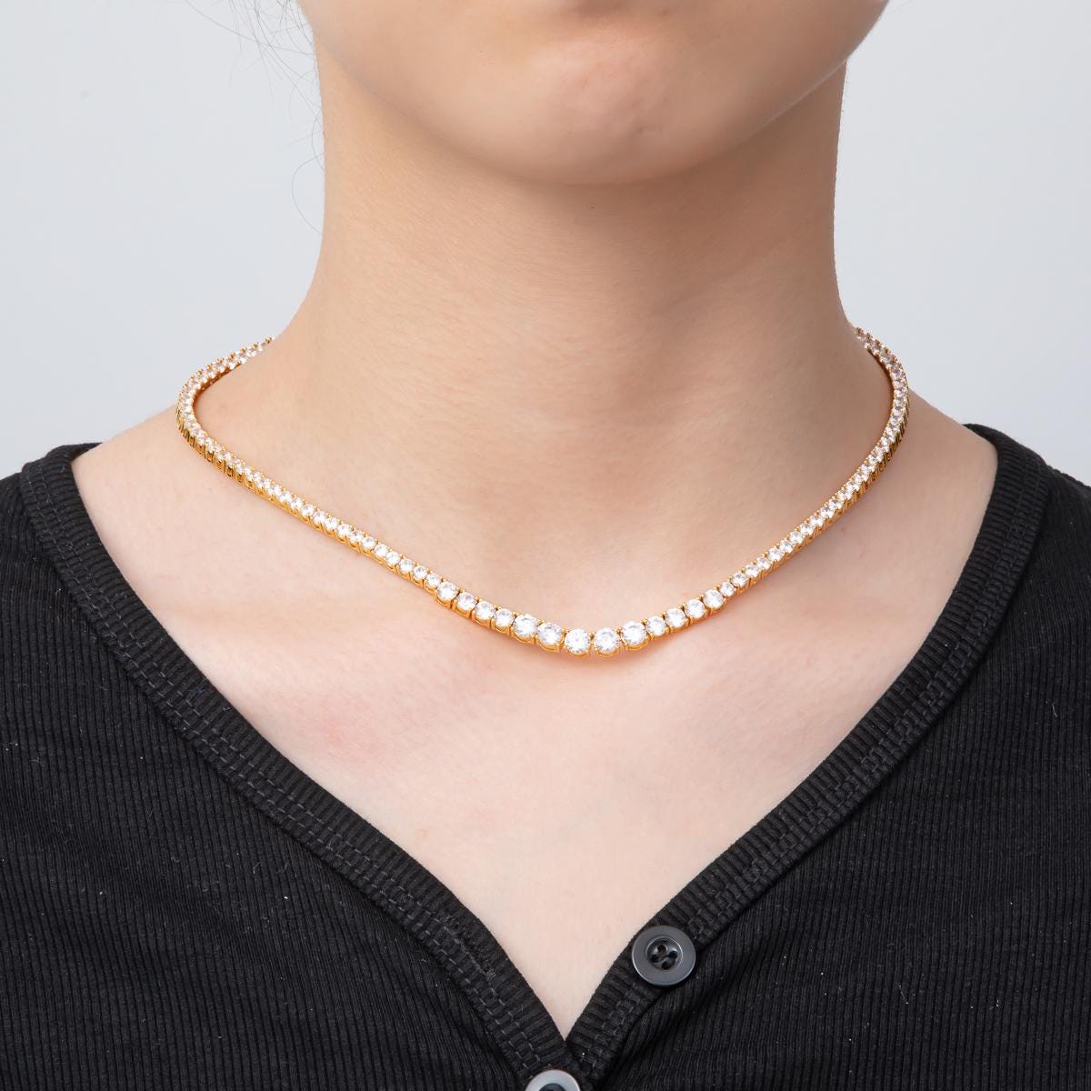 Dainty Unique Classic Tennis Necklace Gold 16.5 inch Layer Necklace Simulated Diamond CZ Necklace wa-3269