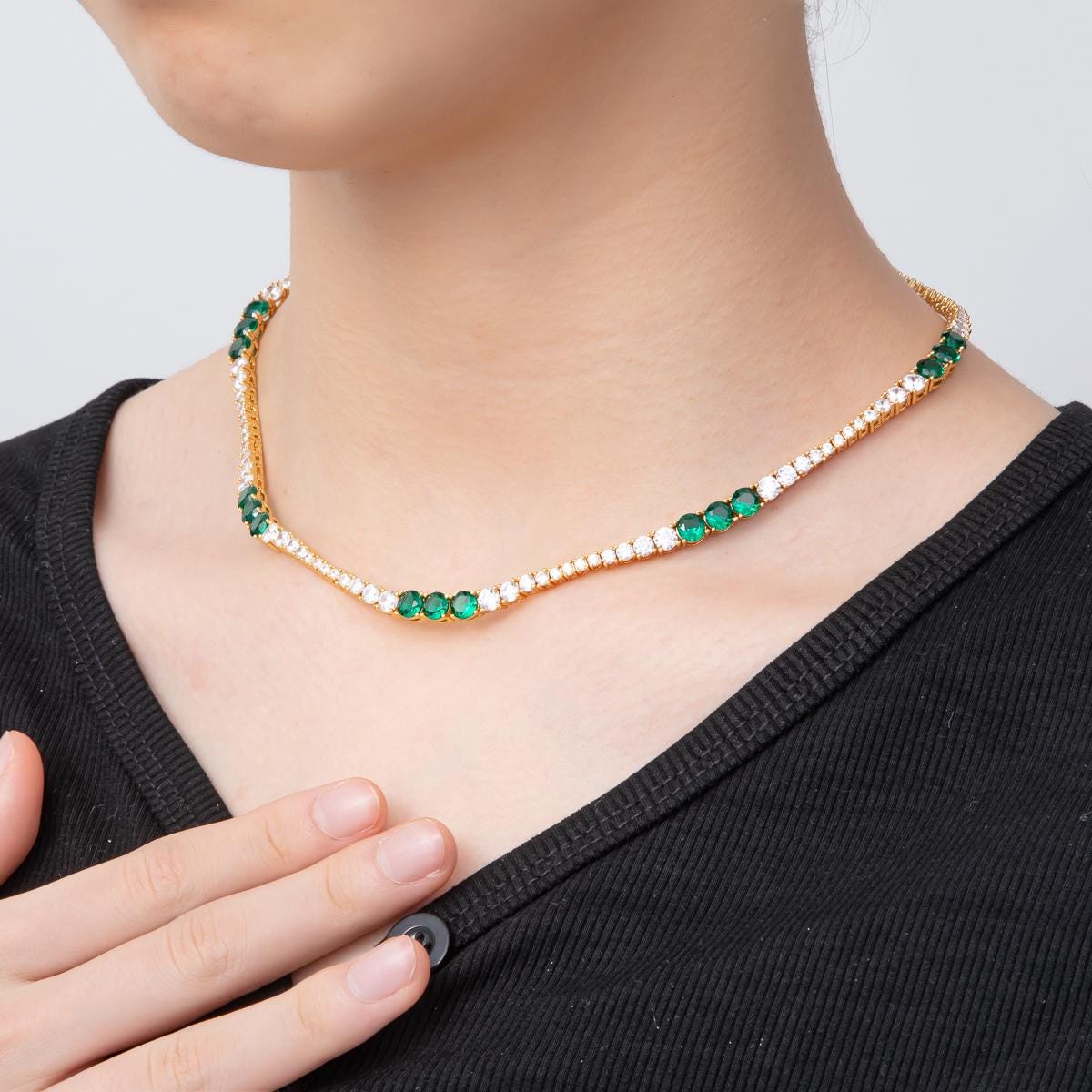 Green Clear Tennis Necklace Cubic Zirconia Tennis Necklace in 18k Gold Filled for Layering Necklace Party Christmas Gift Idea WA-3270