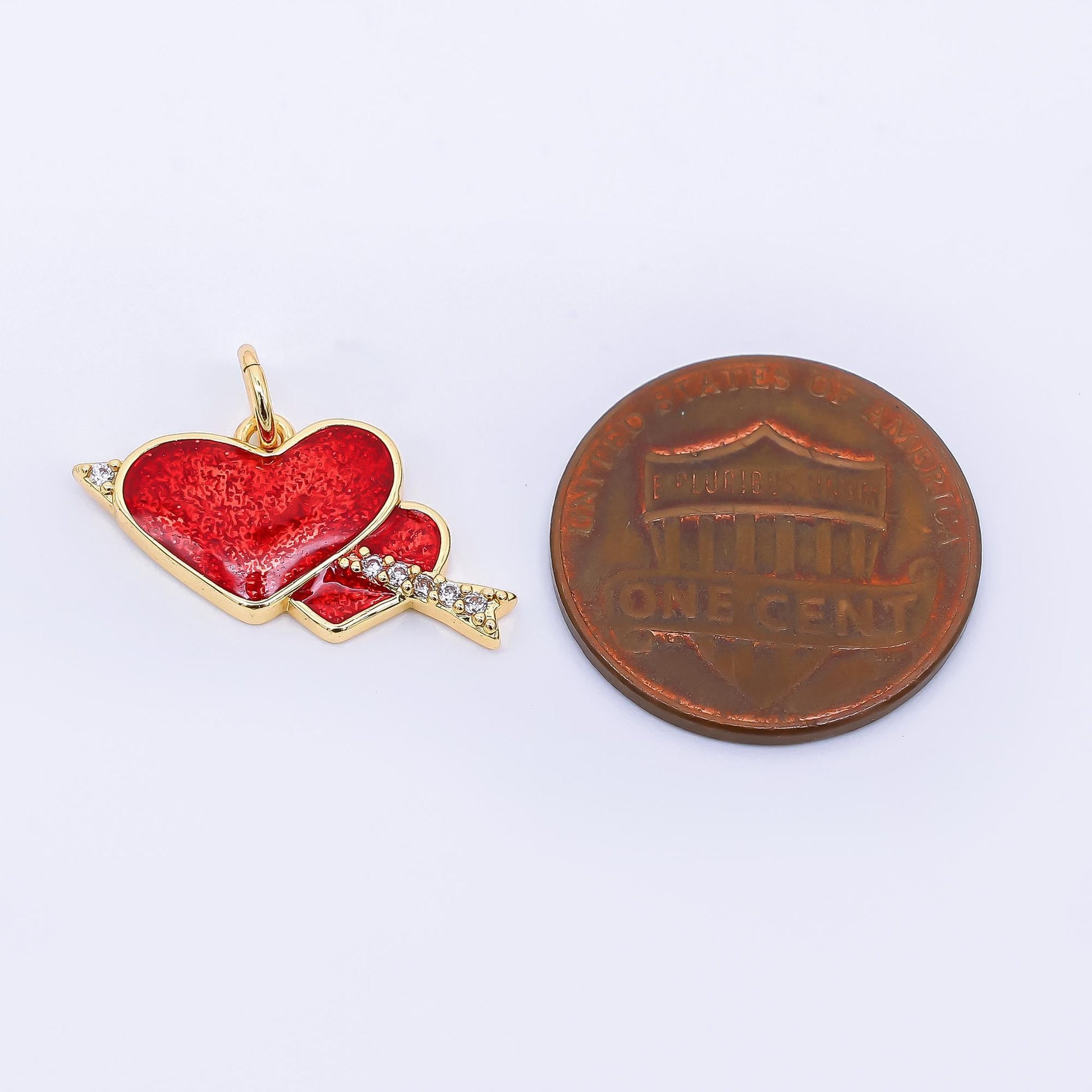 24K Gold Filled 11 mm Double Arrow Red CZ Heart Charm | AF-511