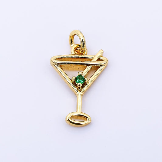 24K Gold Filled 14mm Green Round CZ Martini Glass Alcoholic Drink Charm | AF-524