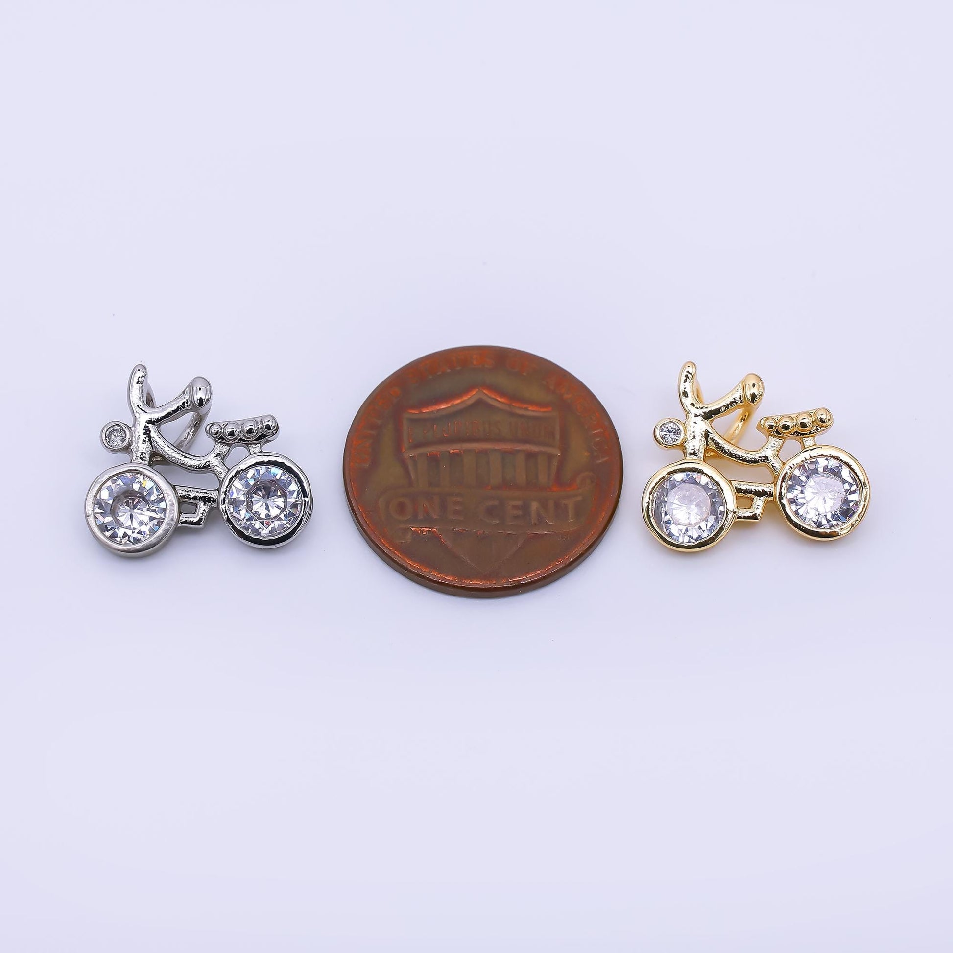24K Gold Filled 13mm Round Clear CZ Bike Bicycle Pendant in Gold & Silver | AA-1608