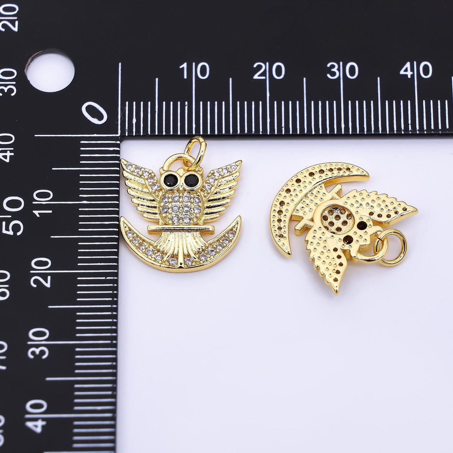 24K Gold Filled 17mm Micro Paved & Black CZ Night Owl Charm | AF-538