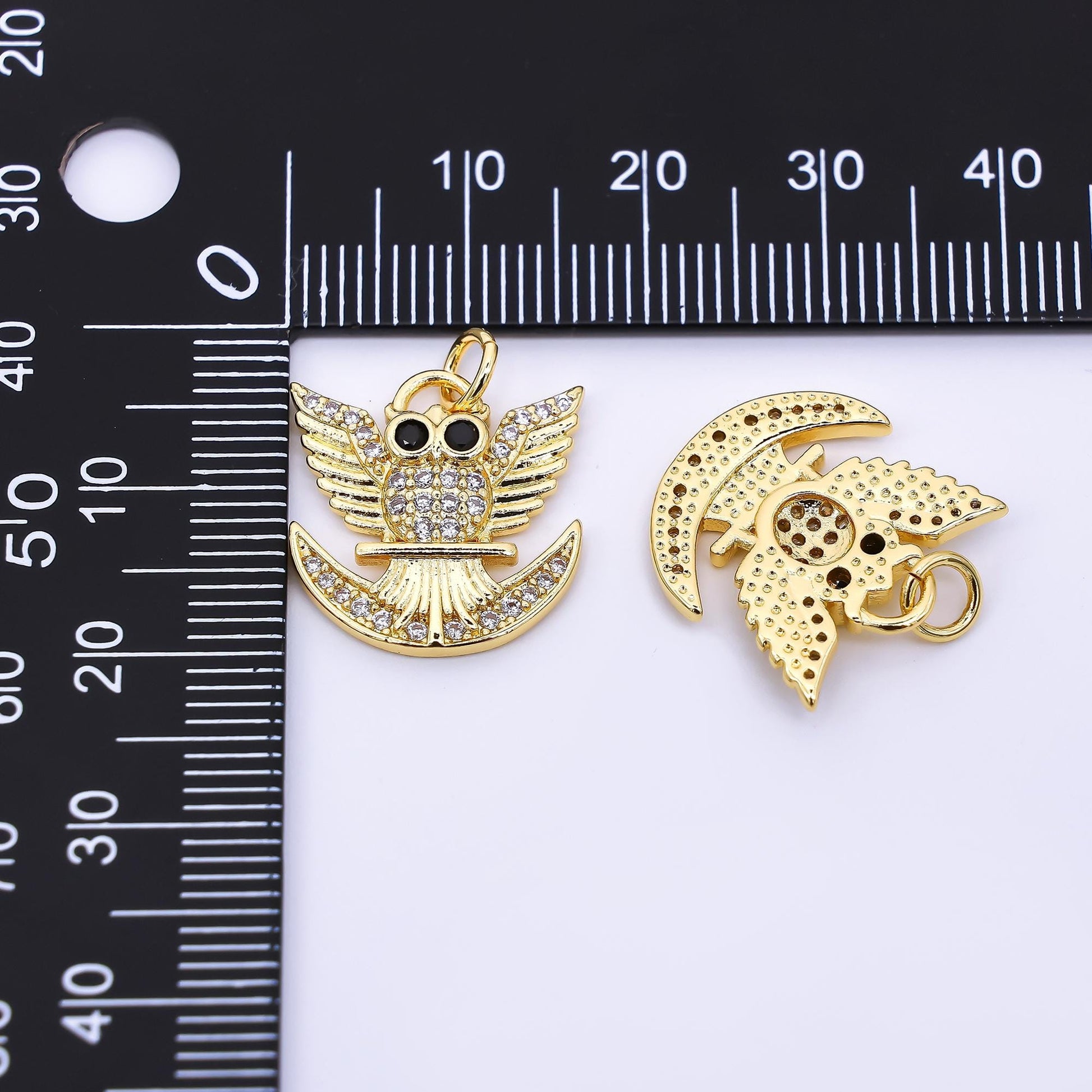 24K Gold Filled 17mm Micro Paved & Black CZ Night Owl Charm | AF-538