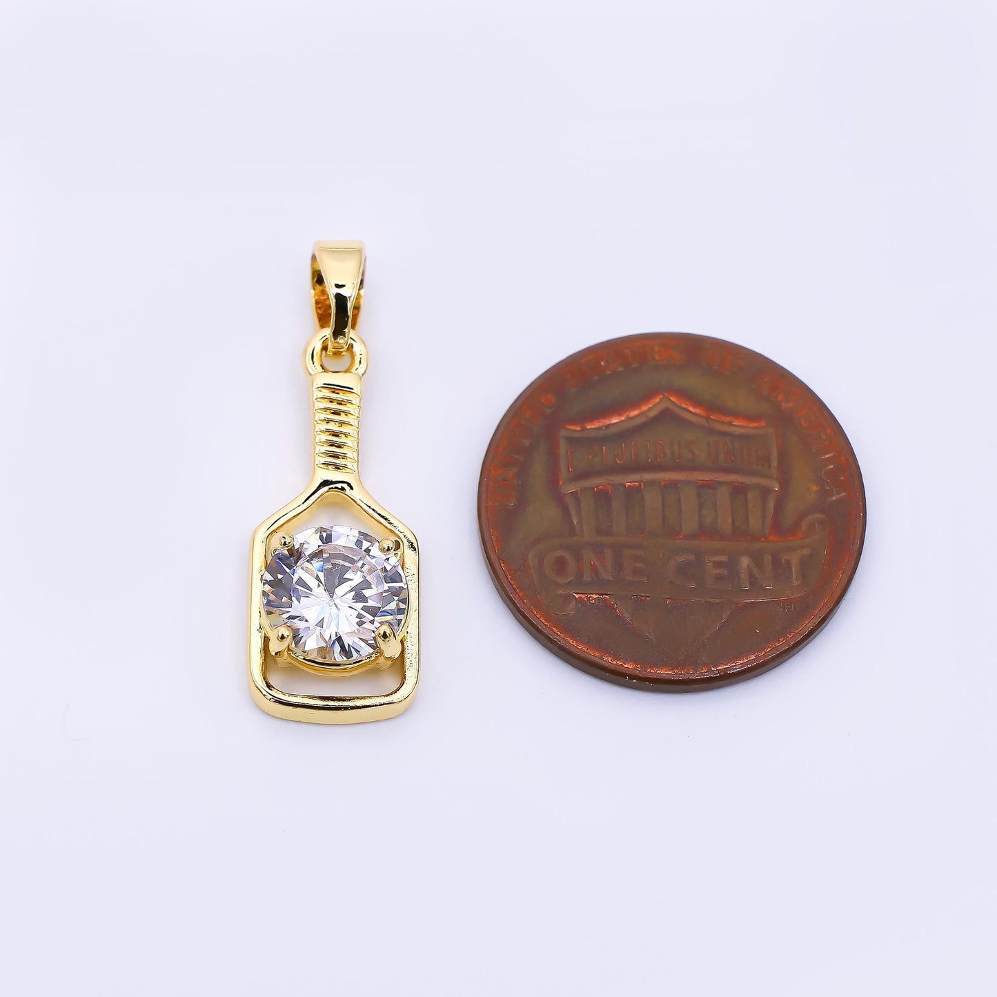 24K Gold Filled 20mm Round CZ Sparkle Paddle Pickle Ball Racket Sport Charm | AH-472