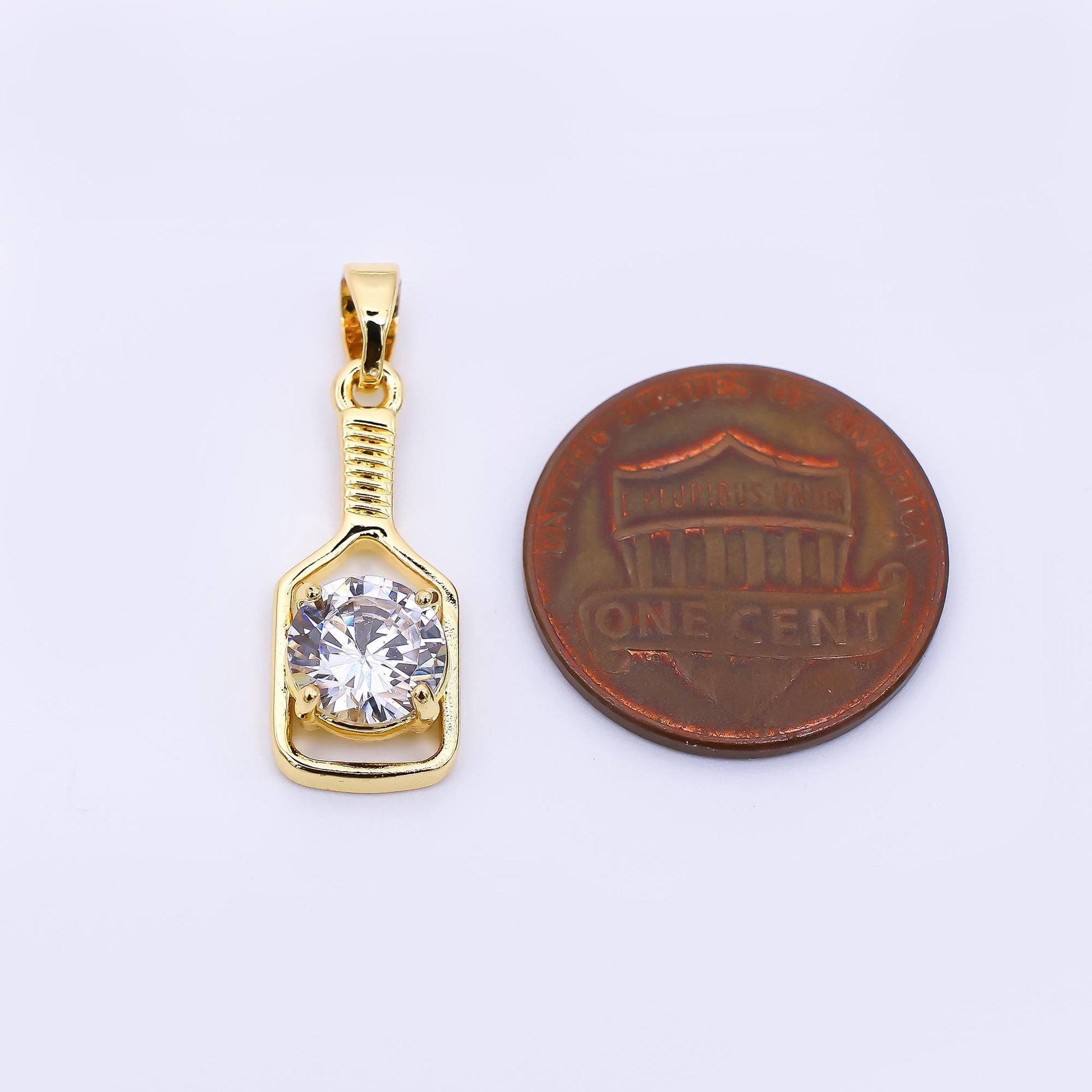 24K Gold Filled 20mm Round CZ Sparkle Paddle Pickle Ball Racket Sport Charm | AH-472
