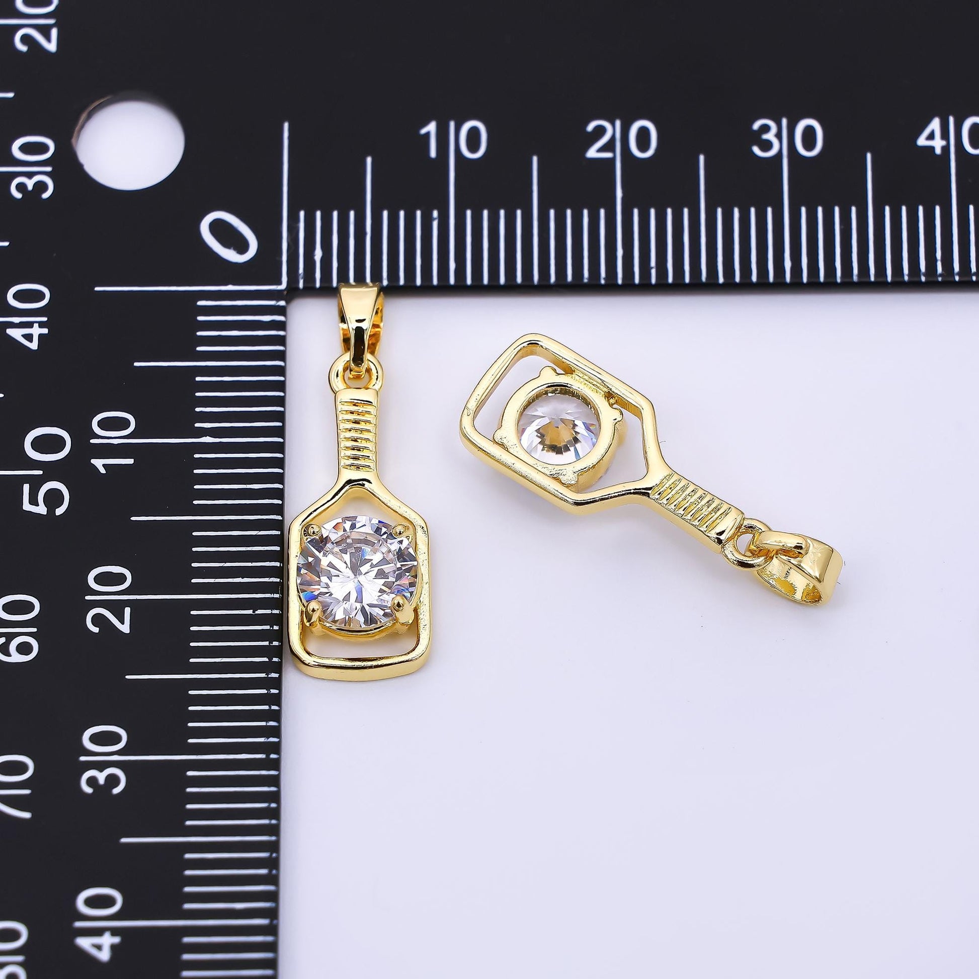 24K Gold Filled 20mm Round CZ Sparkle Paddle Pickle Ball Racket Sport Charm | AH-472