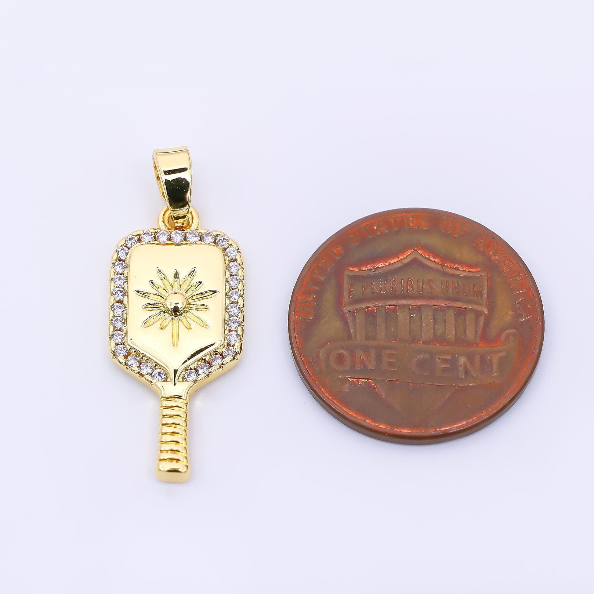 24K Gold Filled 22mm Micro Paved CZ Sun Paddle Pickle Ball Racket Sport Charm | AH-474