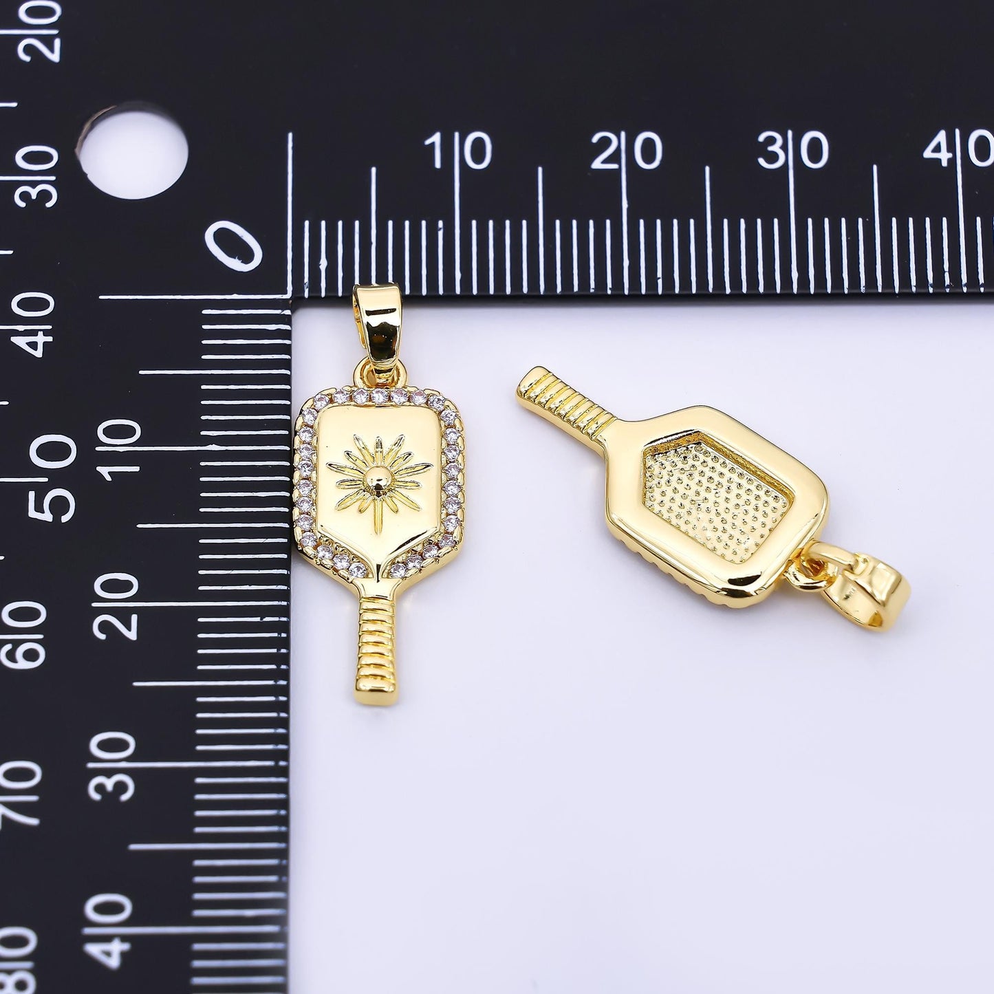 24K Gold Filled 22mm Micro Paved CZ Sun Paddle Pickle Ball Racket Sport Charm | AH-474