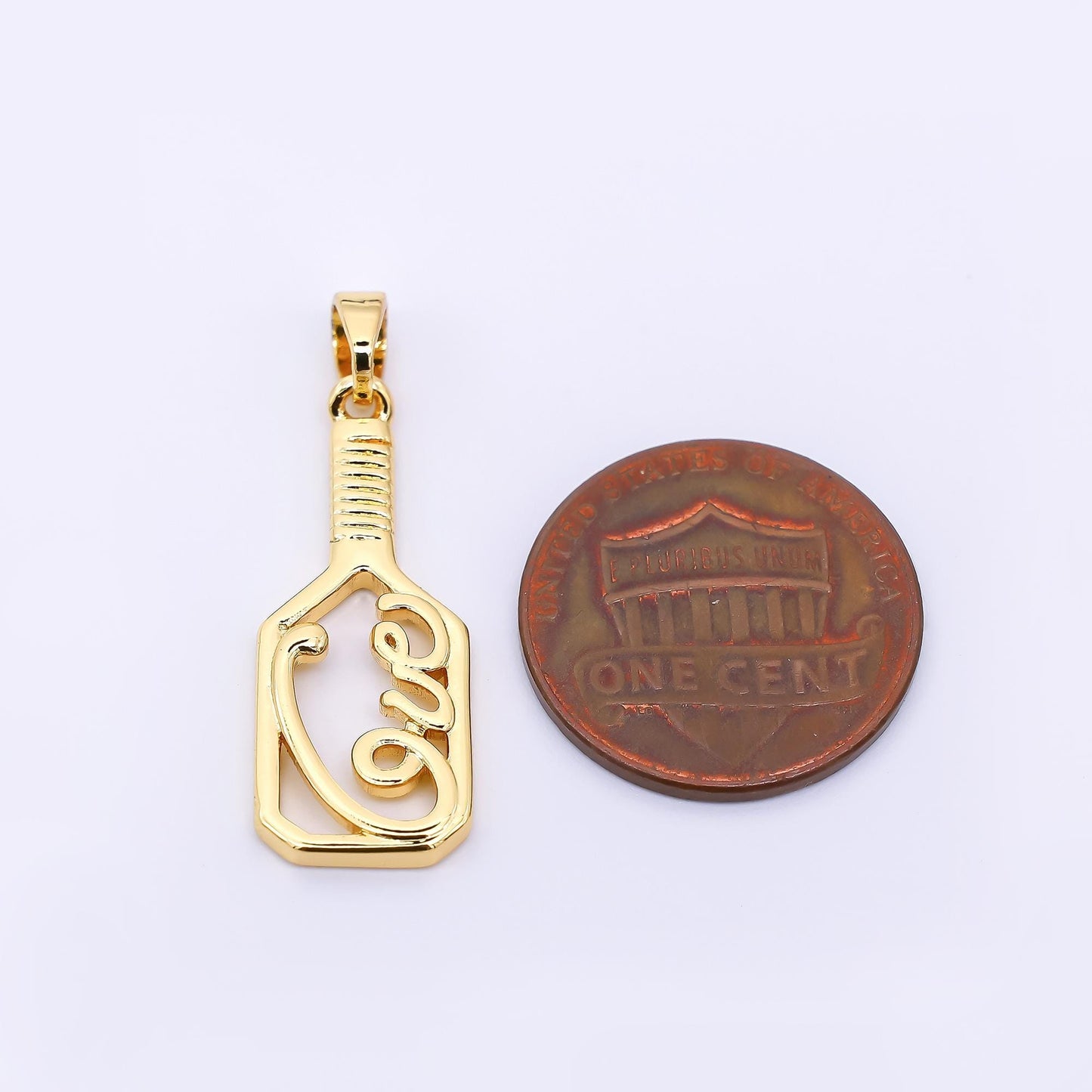 24K Gold Filled 28.5mm Micro Paved CZ Classic Paddle Pickle Ball Racket Sport Charm | AH-473
