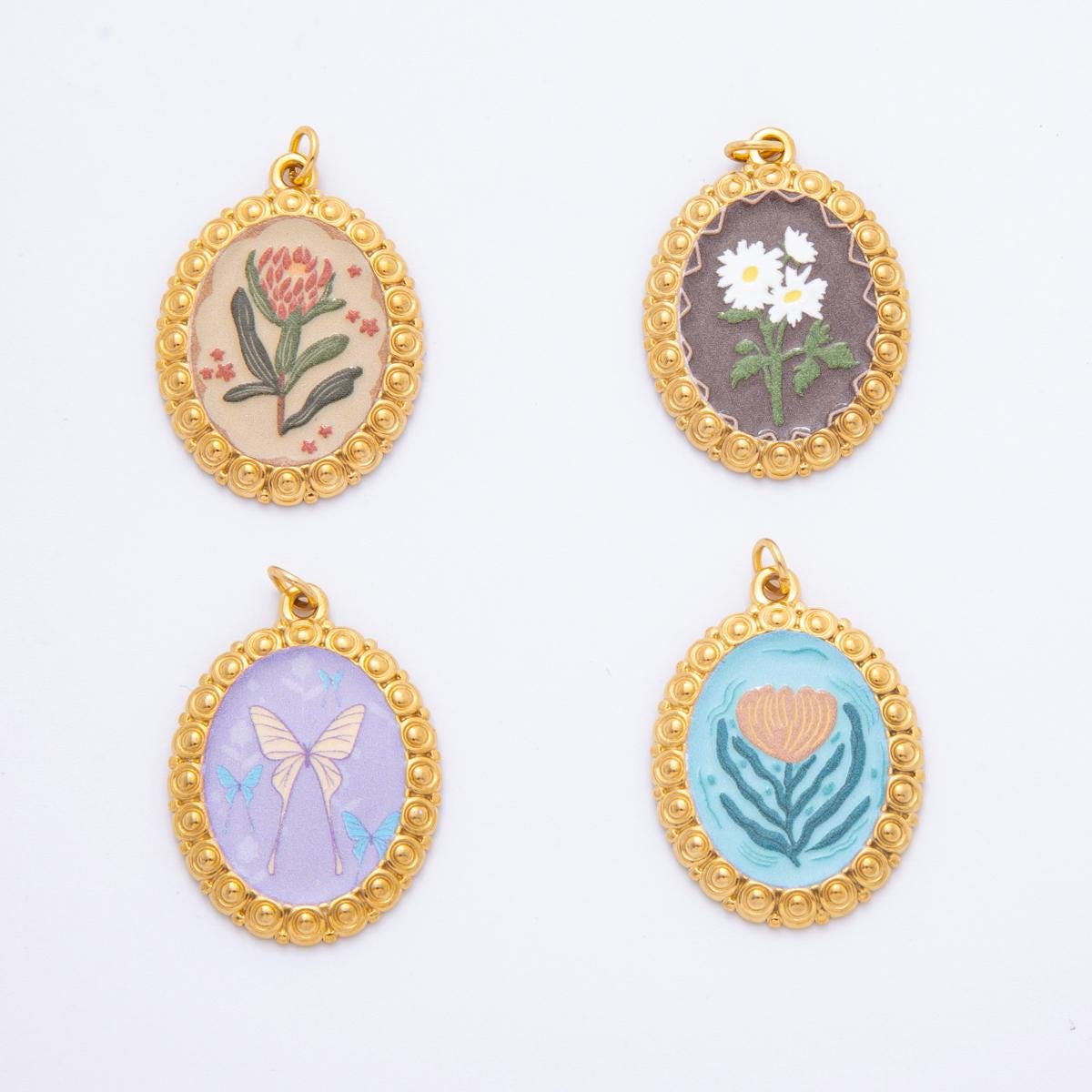 Hand-Painted Enamel Flower CHARMS for necklace Bracelet Artsy Painting Floral Oval PVD Gold Stainless Steel Tarnish Free Charm J-011