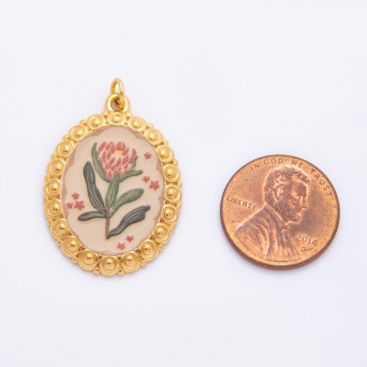 Hand-Painted Enamel Flower CHARMS for necklace Bracelet Artsy Painting Floral Oval PVD Gold Stainless Steel Tarnish Free Charm J-011