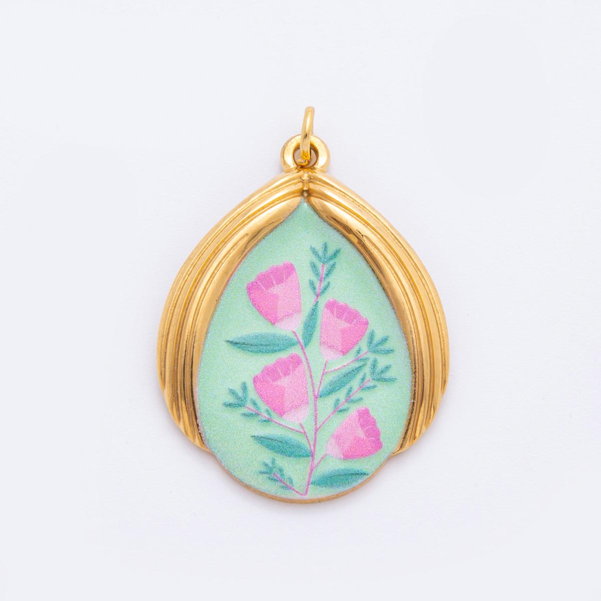 Shabby Chic Inspired Charm Necklace Flower Oval Pendant in PVD Gold Stainless Steel J-166