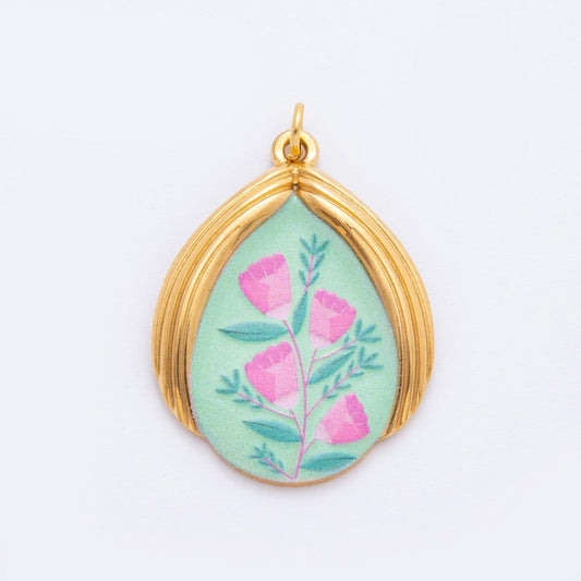 Shabby Chic Inspired Charm Necklace Flower Oval Pendant in PVD Gold Stainless Steel J-166