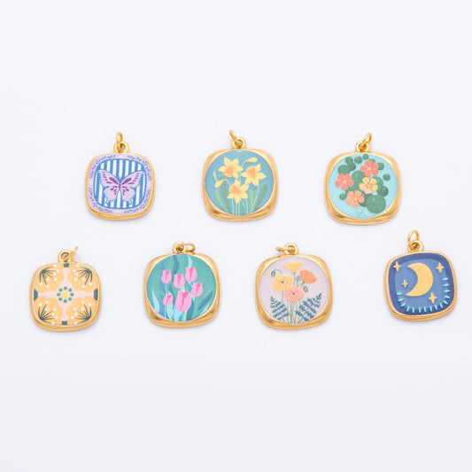 Shabby Chic Hand-Painted Enamel Flower CHARMS for necklace Bracelet Artsy Painting Floral PVD Gold Stainless Steel Tarnish Free Charm