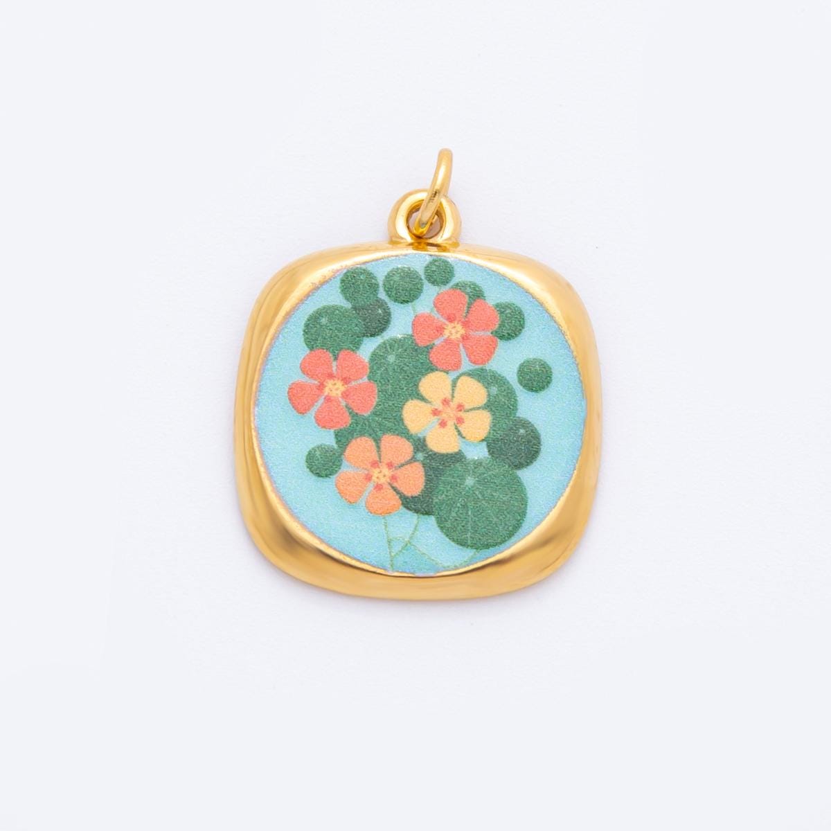 Shabby Chic Hand-Painted Enamel Flower CHARMS for necklace Bracelet Artsy Painting Floral PVD Gold Stainless Steel Tarnish Free Charm
