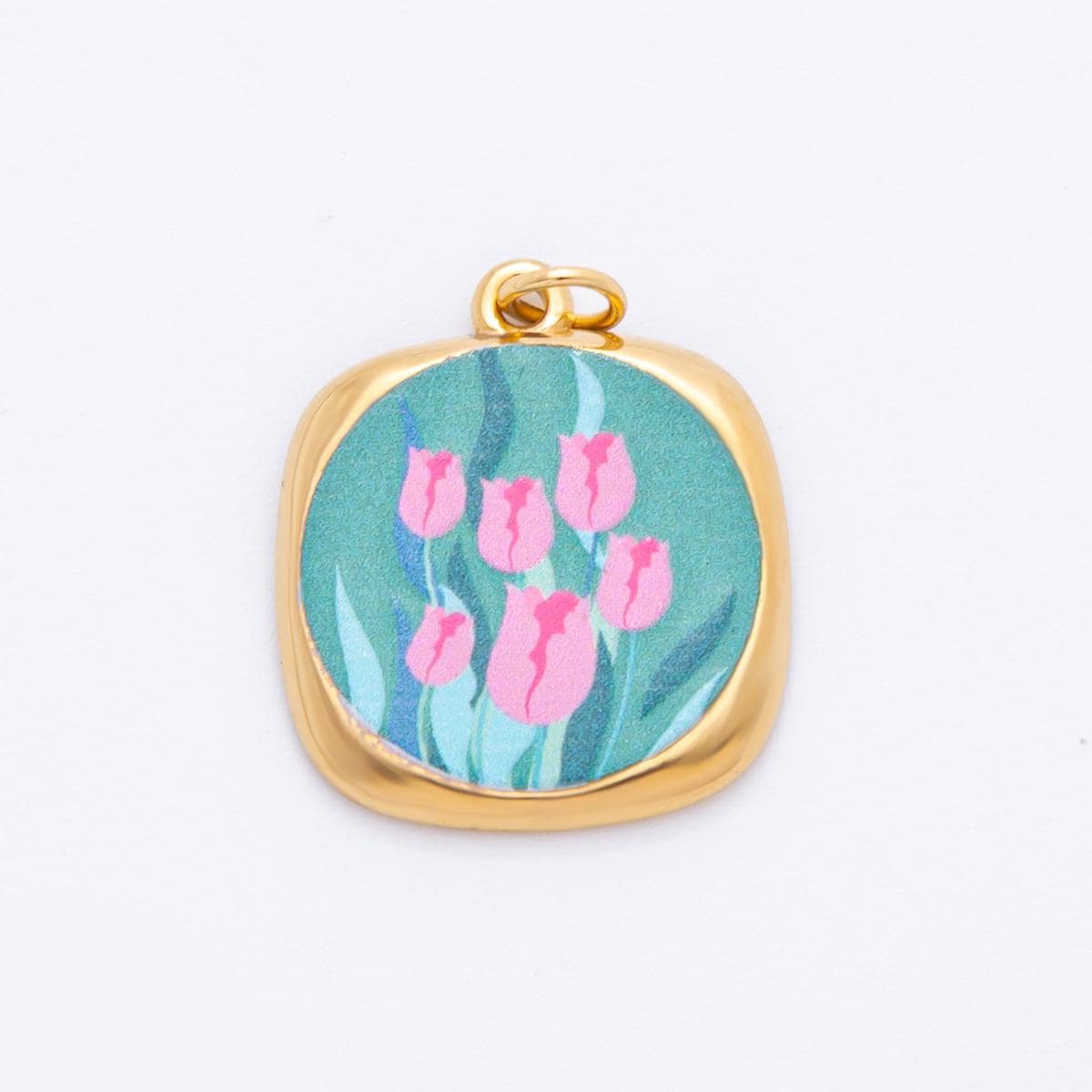 Shabby Chic Hand-Painted Enamel Flower CHARMS for necklace Bracelet Artsy Painting Floral PVD Gold Stainless Steel Tarnish Free Charm