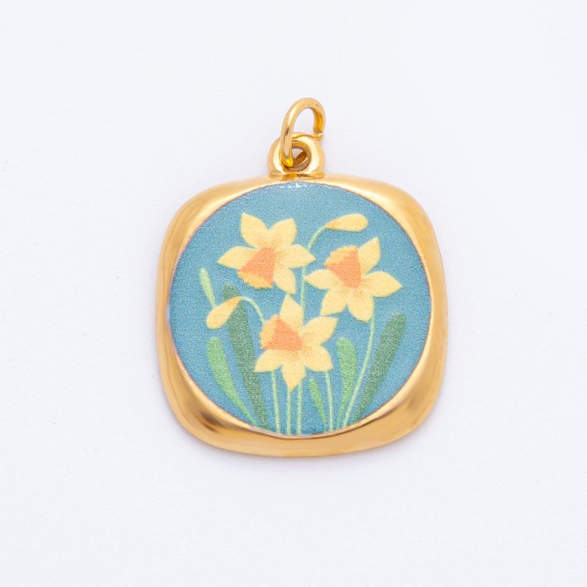 Shabby Chic Hand-Painted Enamel Flower CHARMS for necklace Bracelet Artsy Painting Floral PVD Gold Stainless Steel Tarnish Free Charm
