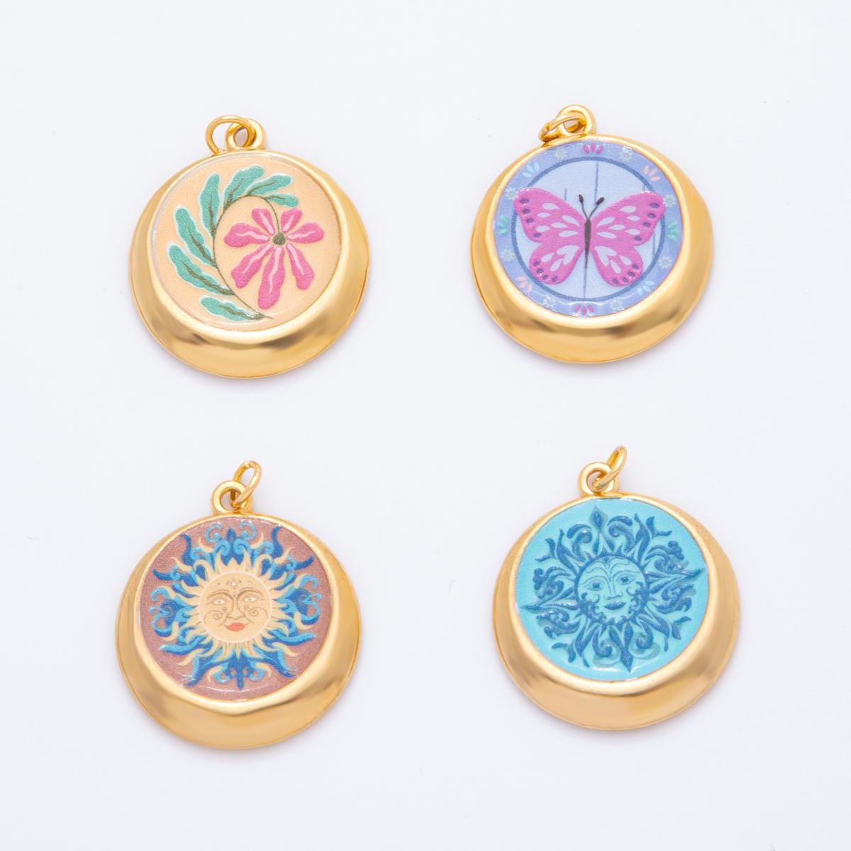 PVD Gold Round Charms Sun Face, Butterfly Flower Pendants Colorful Enamel Jewelry for Necklaces, Bracelet Supply