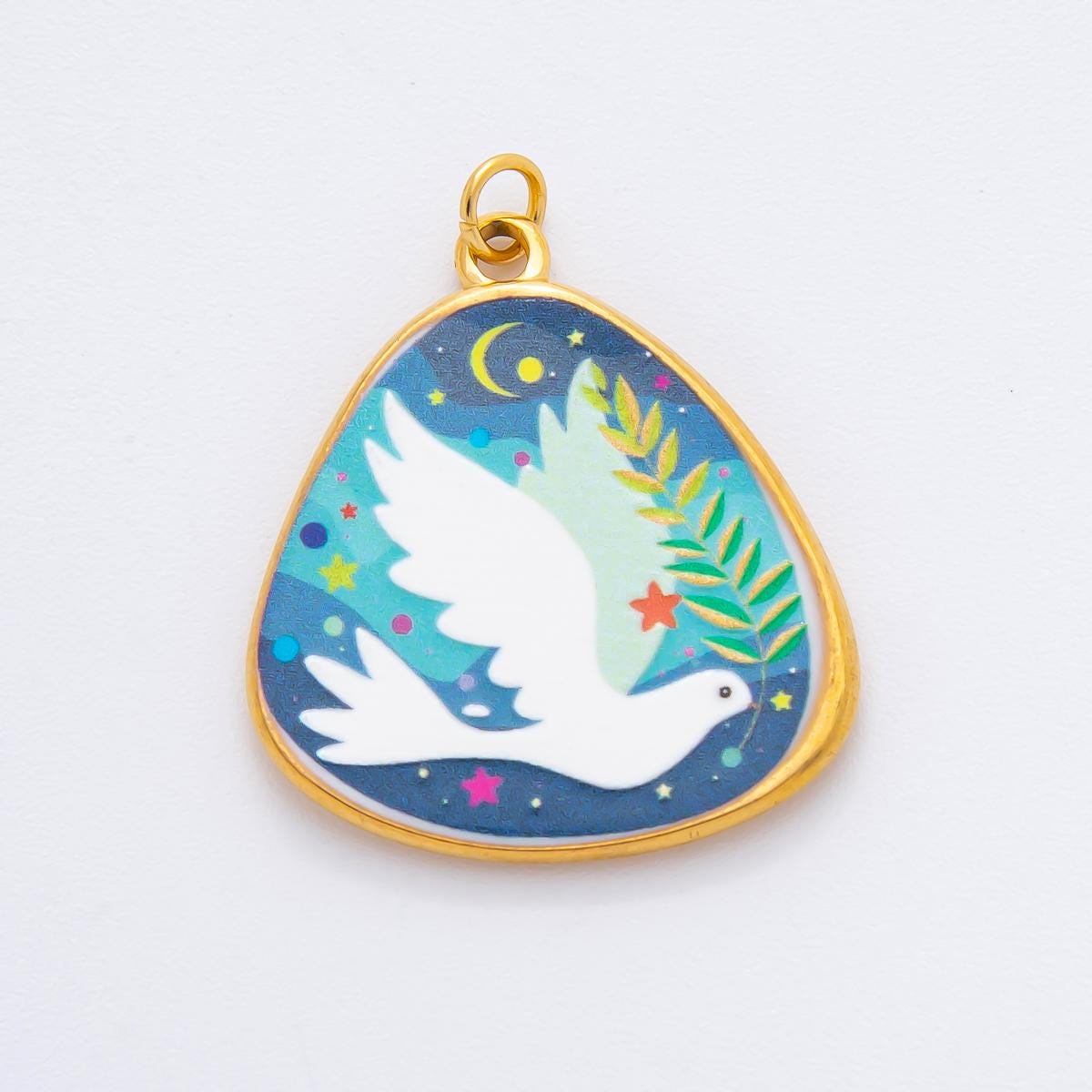 Mini Pastel Blue enamel Animal Painting Italian Amalfi Coast Inspired Jewelry Dove PVD Gold Plated Stainless STeel | j-447