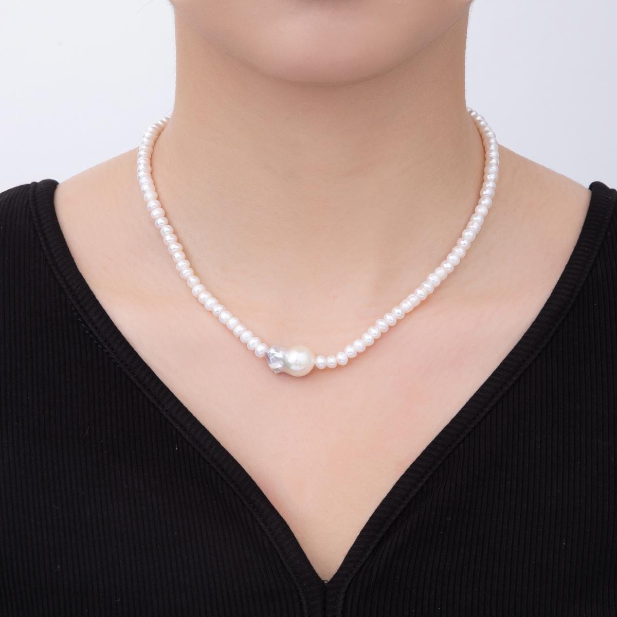 18k Gold Filled Handmade 5mm Natural Freshwater Pearl Necklace With Baroque Pearl Center 15.6 inch + 2 inch extender WA-3473