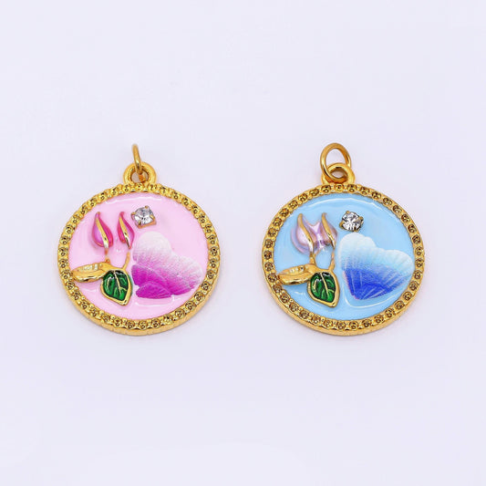 Gold Stainless Steel 23mm Round CZ Hand-Painted Enamel Flower and Heart Charm in Pink & Blue | J012