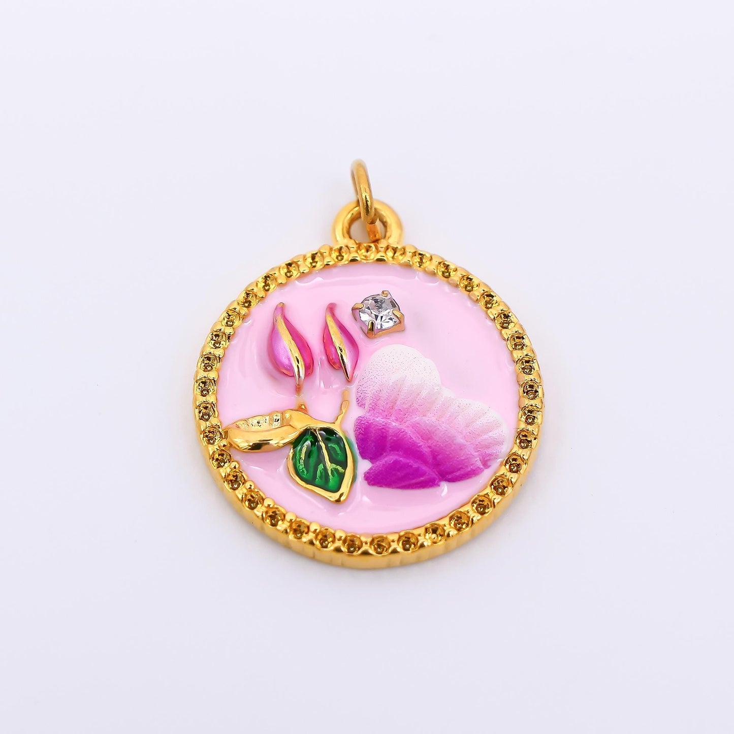 Gold Stainless Steel 23mm Round CZ Hand-Painted Enamel Flower and Heart Charm in Pink & Blue | J012