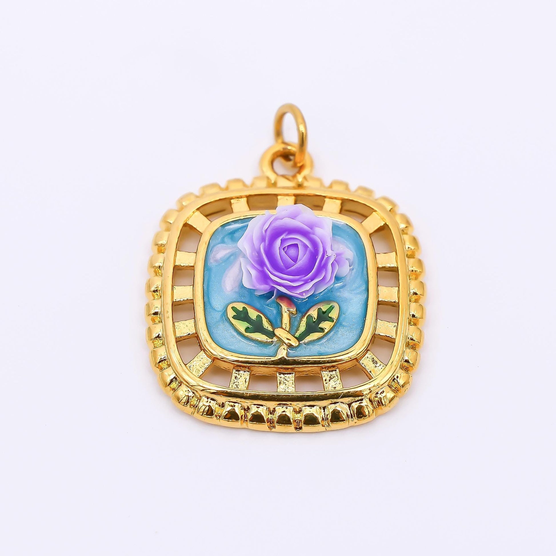 Gold Stainless Steel 24mm Hand-Painted Enamel Locket Flower Charm in Pink & Blue | J028