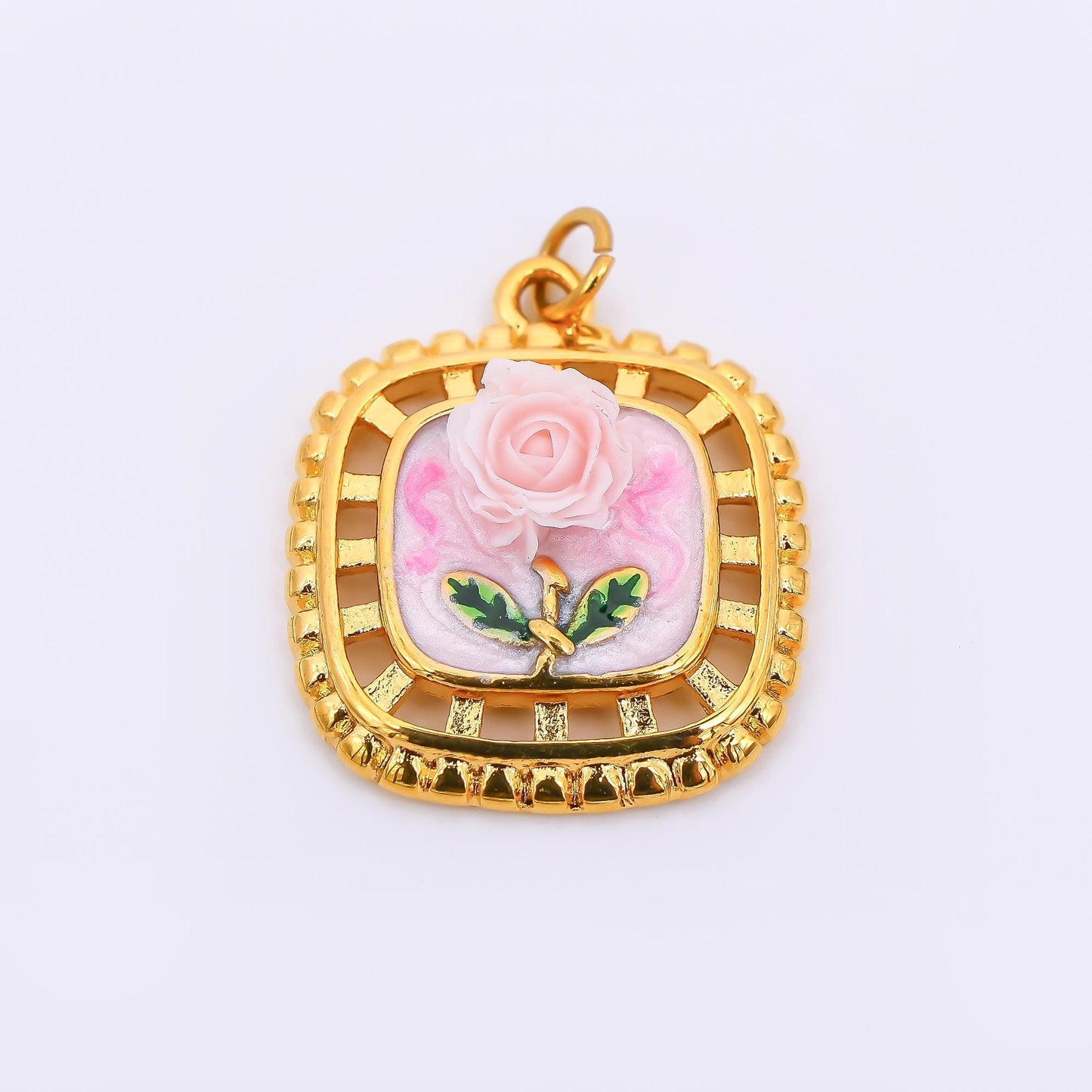 Gold Stainless Steel 24mm Hand-Painted Enamel Locket Flower Charm in Pink & Blue | J028