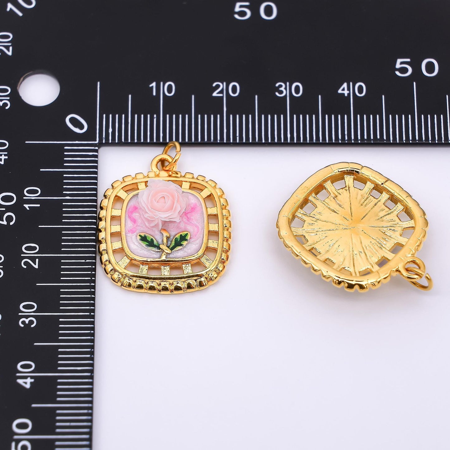 Gold Stainless Steel 24mm Hand-Painted Enamel Locket Flower Charm in Pink & Blue | J028