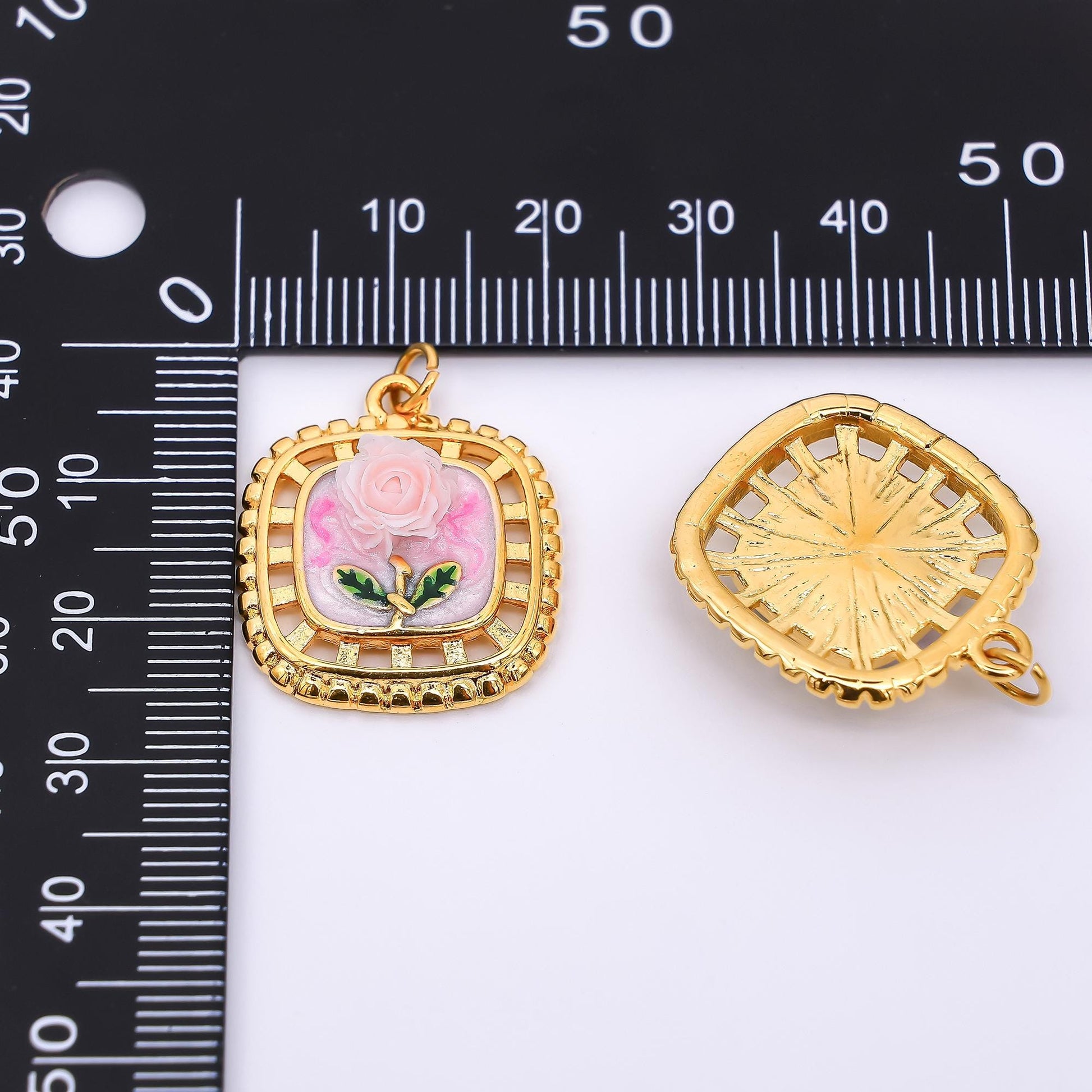 Gold Stainless Steel 24mm Hand-Painted Enamel Locket Flower Charm in Pink & Blue | J028