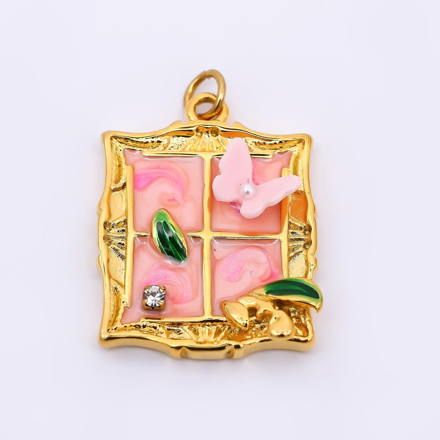 Gold Stainless Steel 26mm Hand-Painting Enamel Windows with Butterfly Charm in Green & Pink | J010