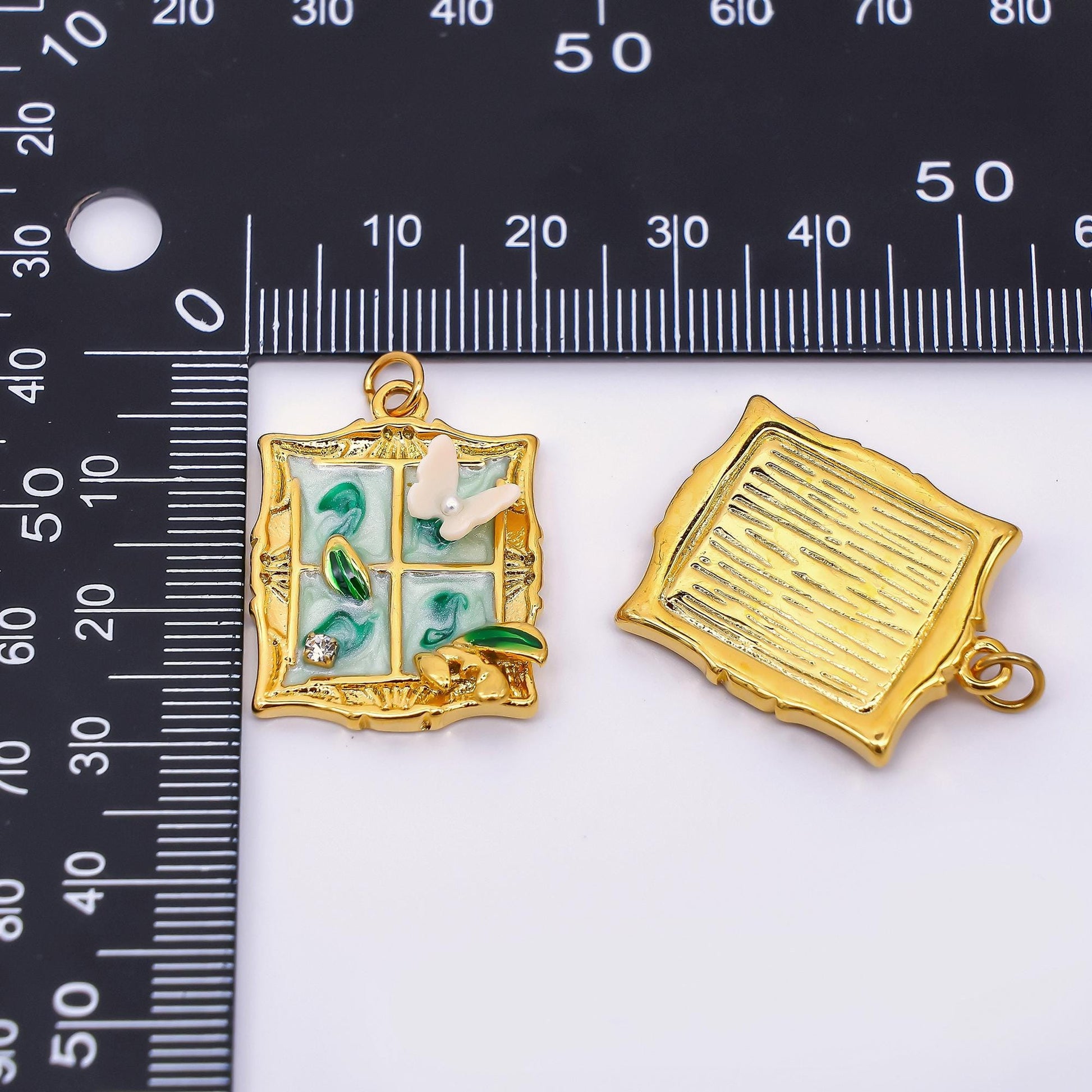 Gold Stainless Steel 26mm Hand-Painting Enamel Windows with Butterfly Charm in Green & Pink | J010