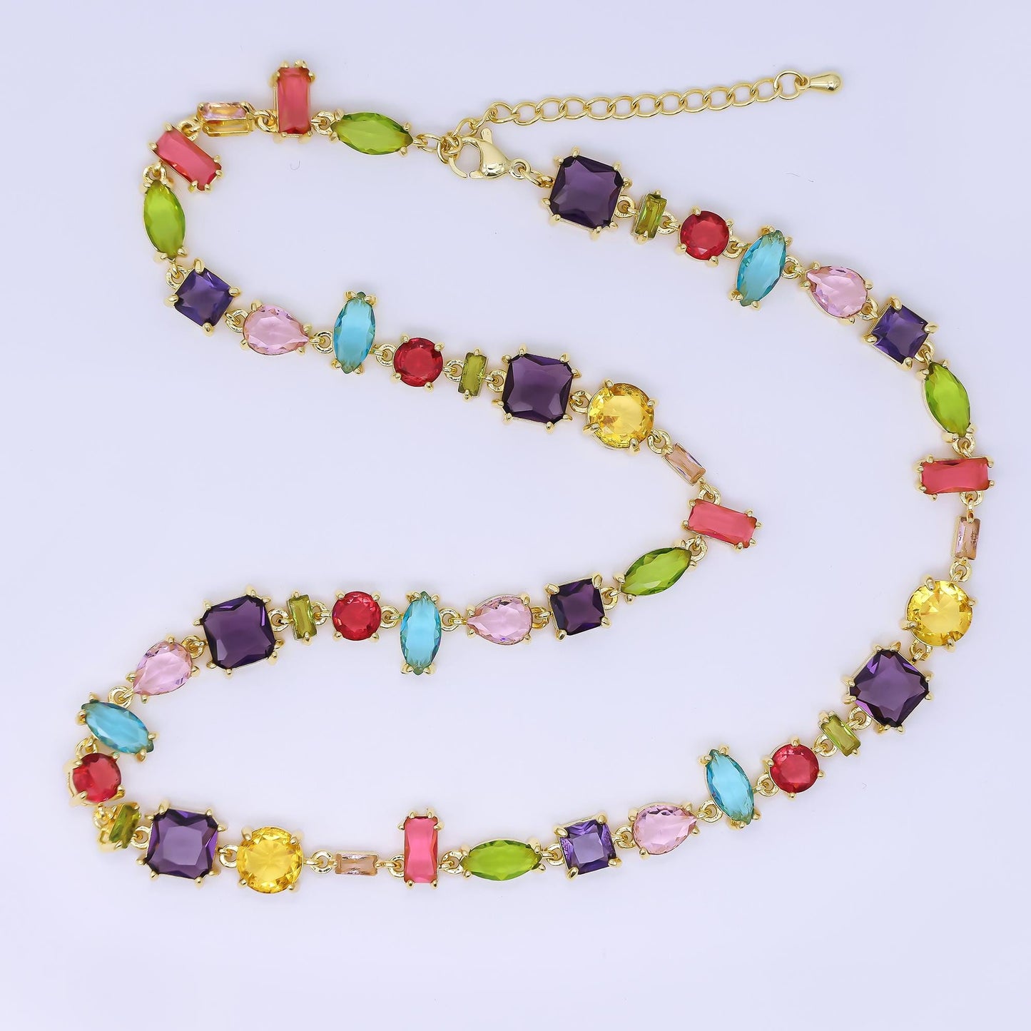 Gold necklace colorful rectangle cz necklace + extender | wa-02556