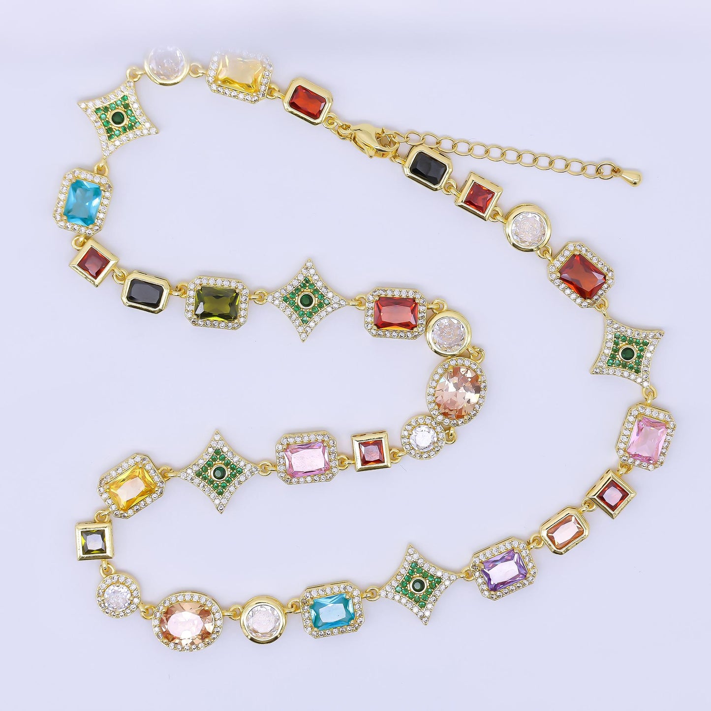 Gold necklace colorful rectangle cz necklace + extender | wa-02556