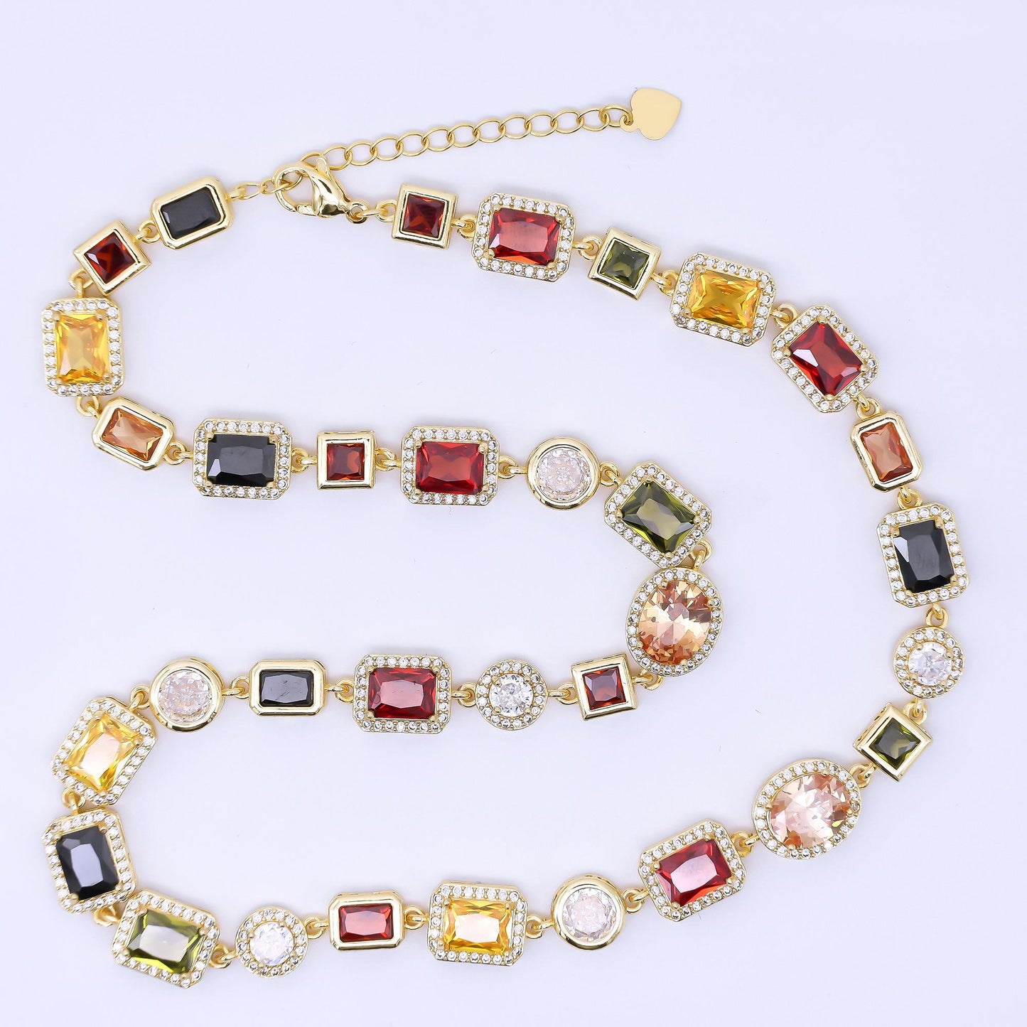 Gold necklace colorful rectangle cz necklace + extender | wa-02556