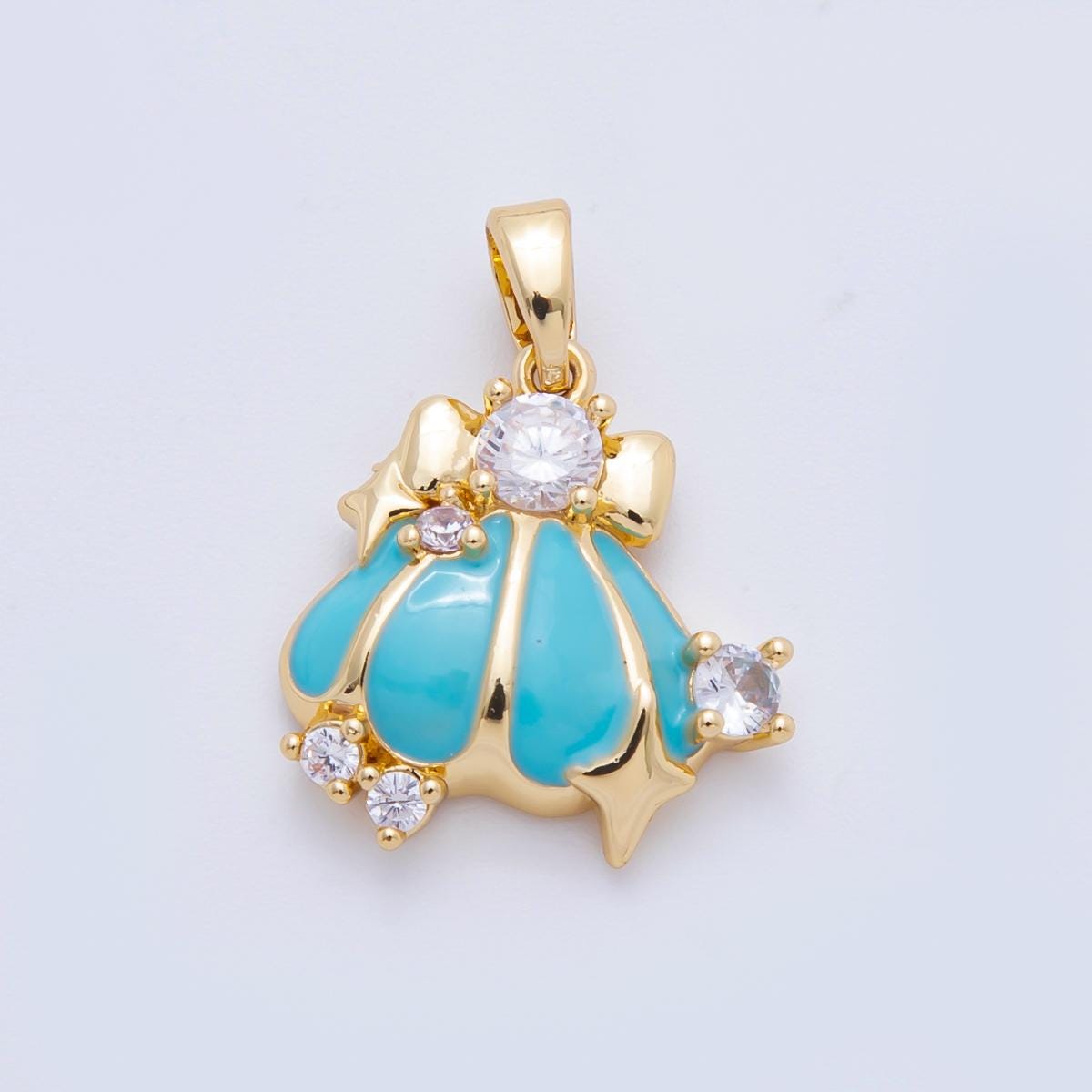 18k gold fill Enamel Clam shaped pendant Beach Charm Green Blue Teal Stripes Pendant af-1107