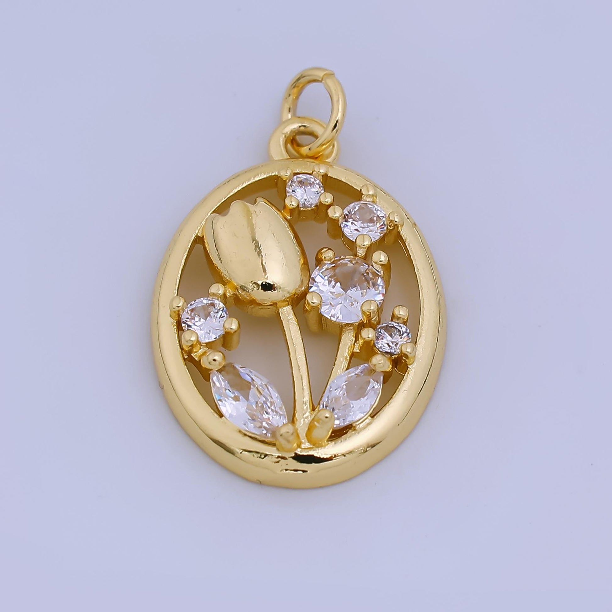 24K Gold Filled 22mm Micro Paved CZ Icy Frost Tulip Flower Charm | AH-570