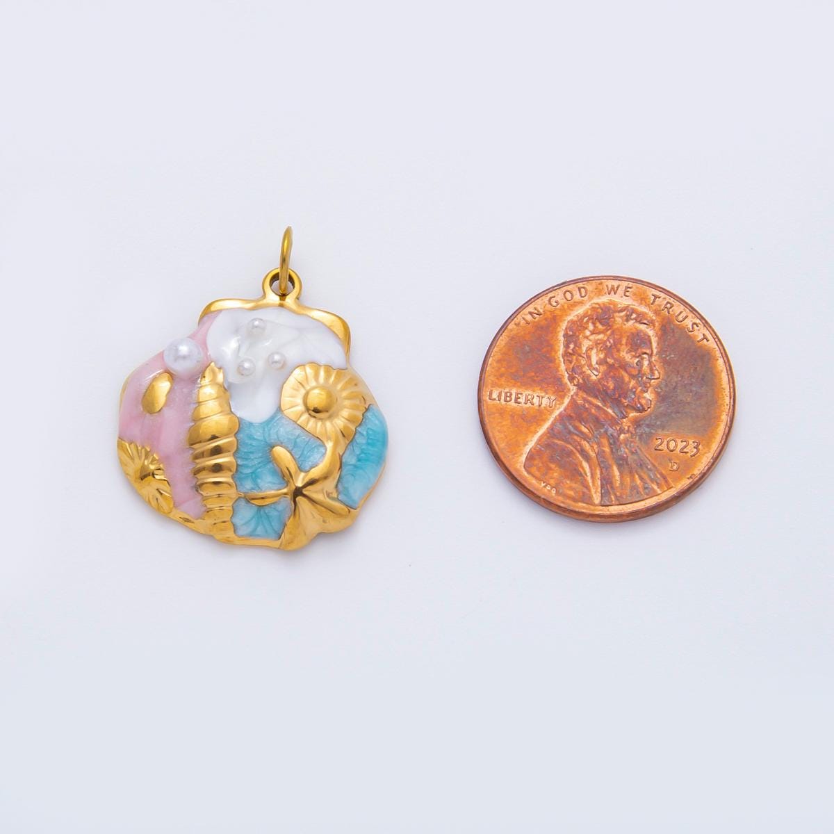 PVD Gold Stainless Steel Colorful Enamel Clam Shell Charm Beach Jewelry Making Supply | AH-947
