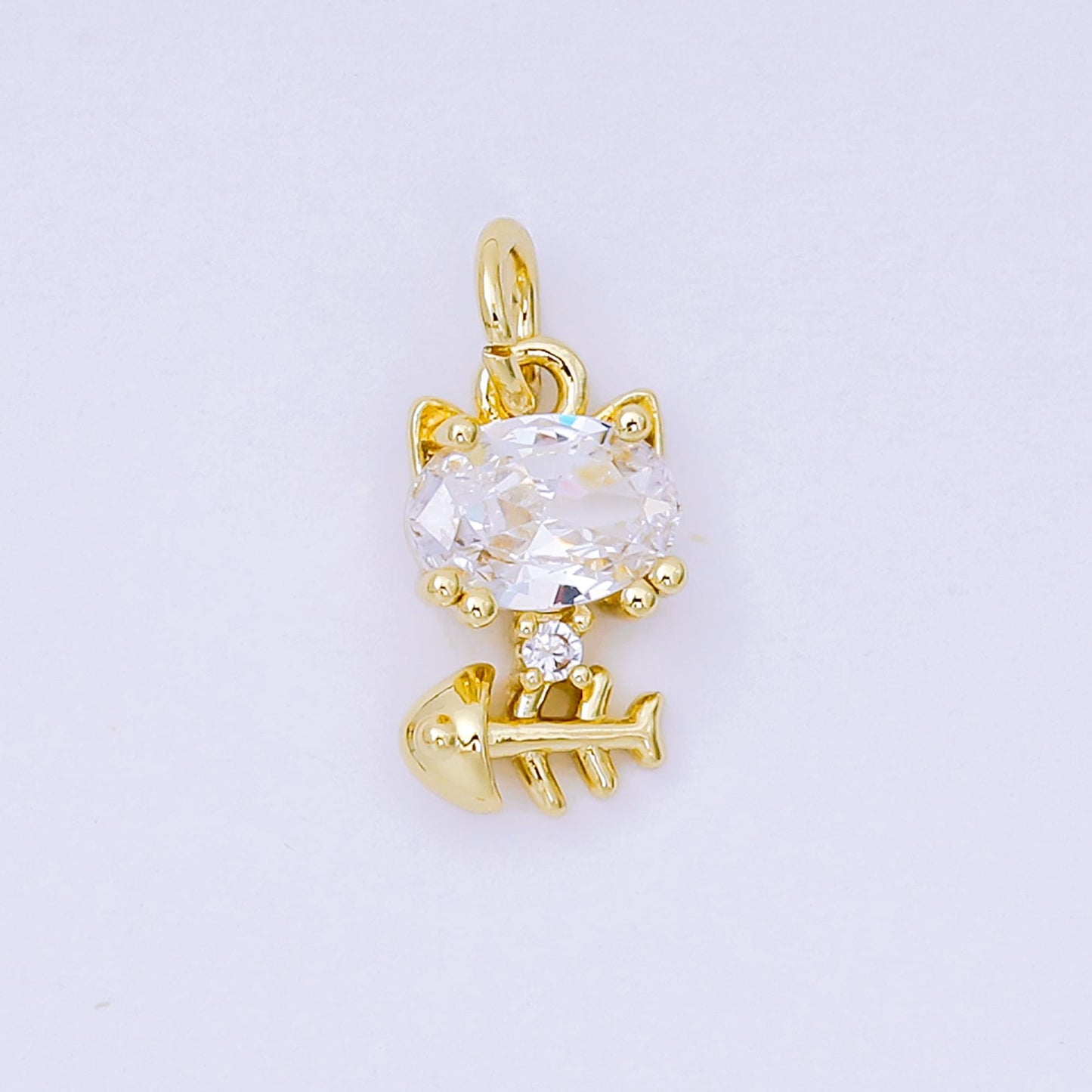 24K Gold Filled 12mm Black & Clear CZ Kitty Cat with Fishbone Animal Charm | AH-581