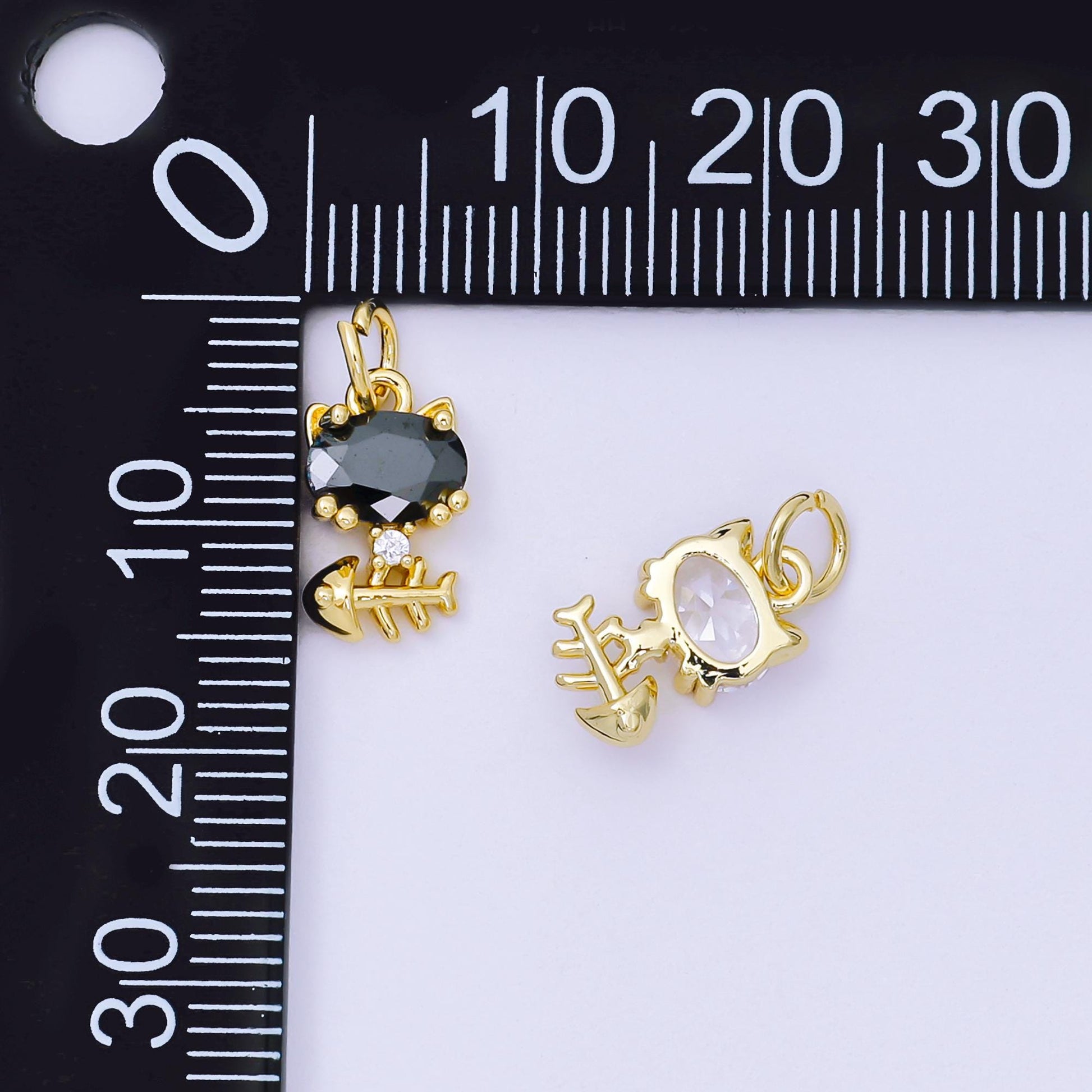 24K Gold Filled 12mm Black & Clear CZ Kitty Cat with Fishbone Animal Charm | AH-581