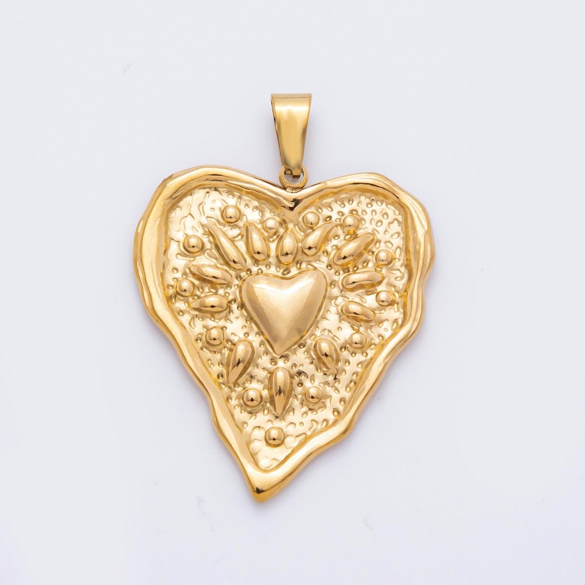 Stainless steel Sunburst Heart Charm Textured Heart Pendant for Necklace Component | P-795