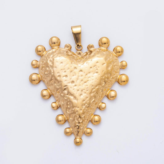 Chunky Gold Stainless Steel Hammered Gold Heart Pendant with Beaded Edge for scarf Necklace Charm P-794