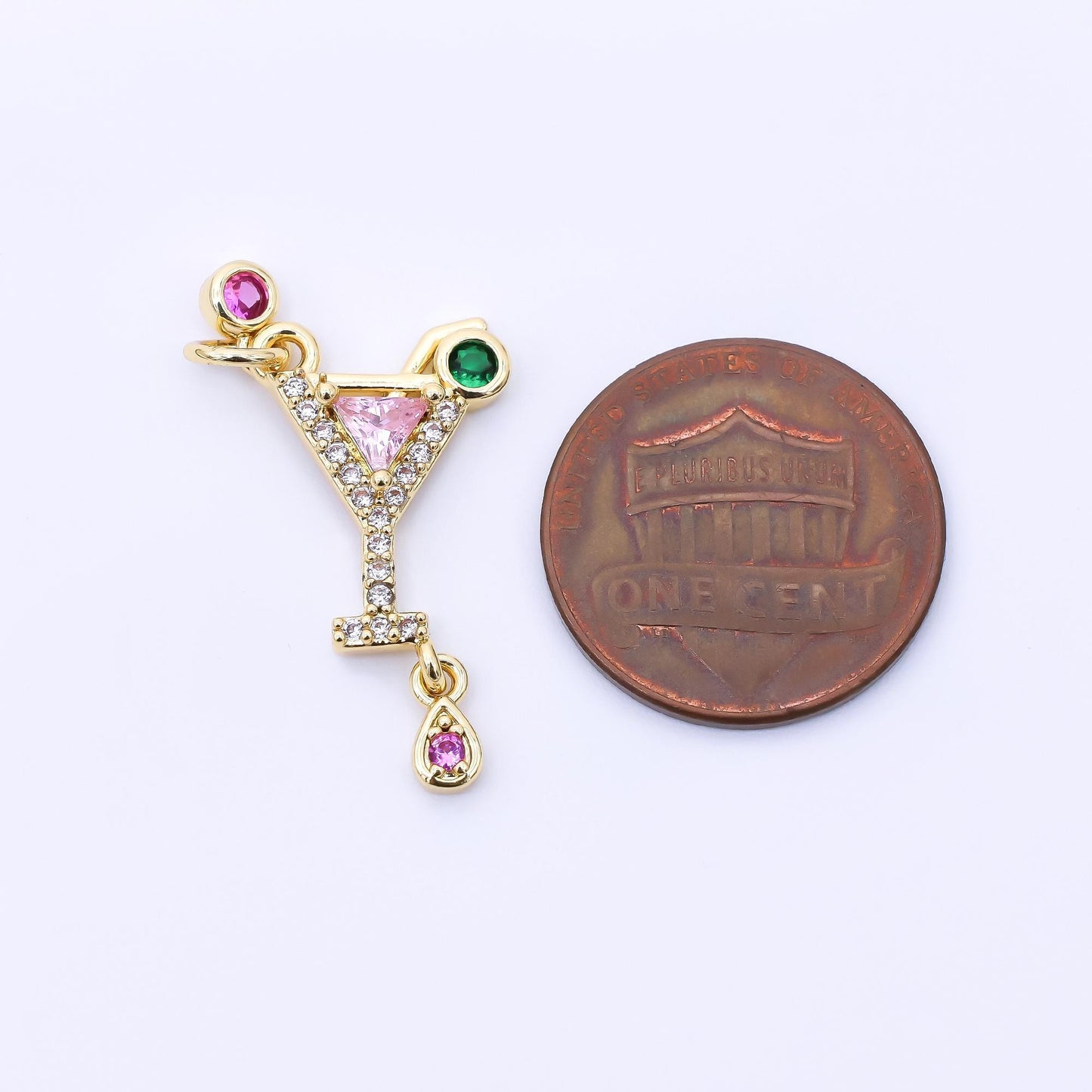 24K Gold Filled 18.5mm Pink, Green, & Fuchsia CZ Cocktail Drink Charm | AC1605