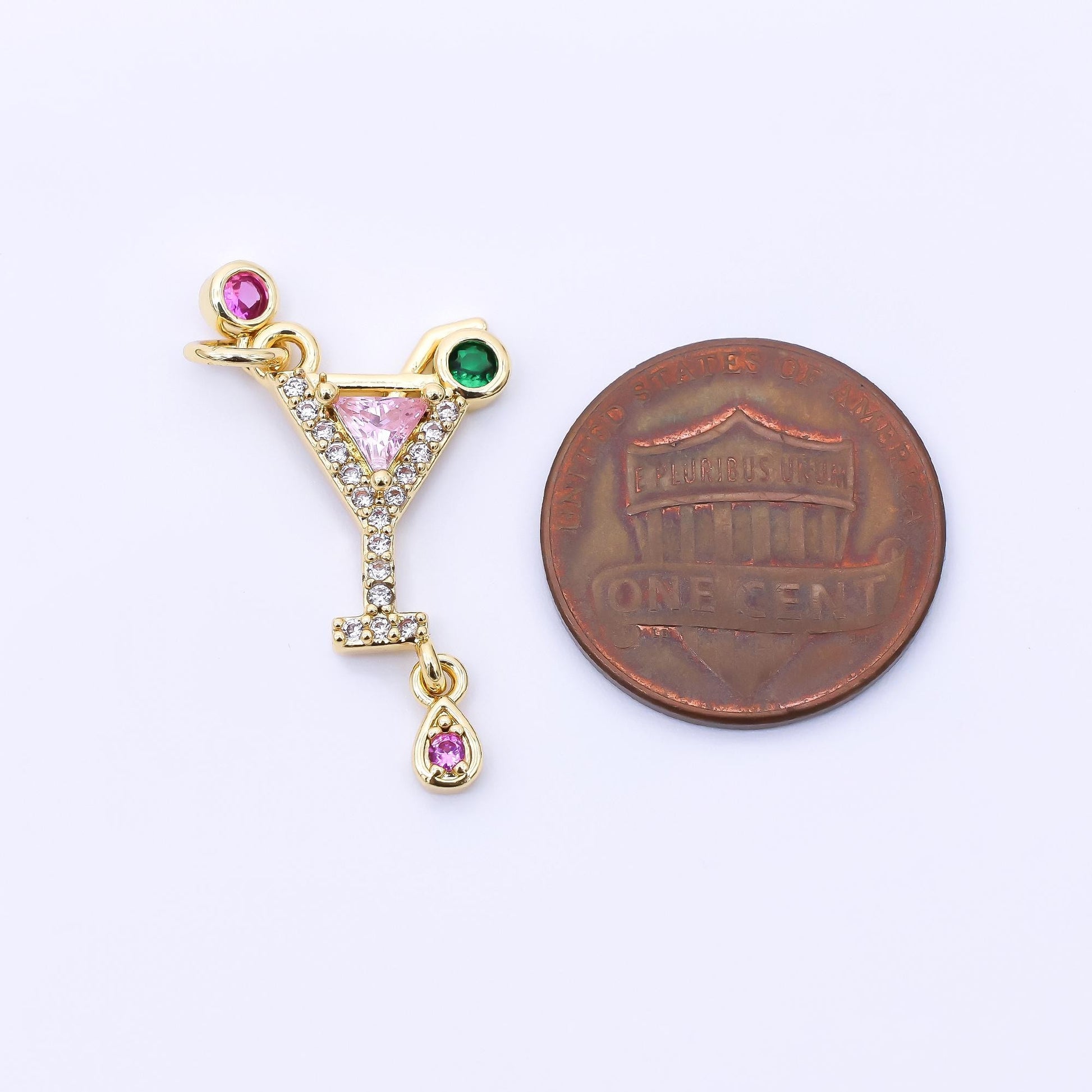 24K Gold Filled 18.5mm Pink, Green, & Fuchsia CZ Cocktail Drink Charm | AC1605