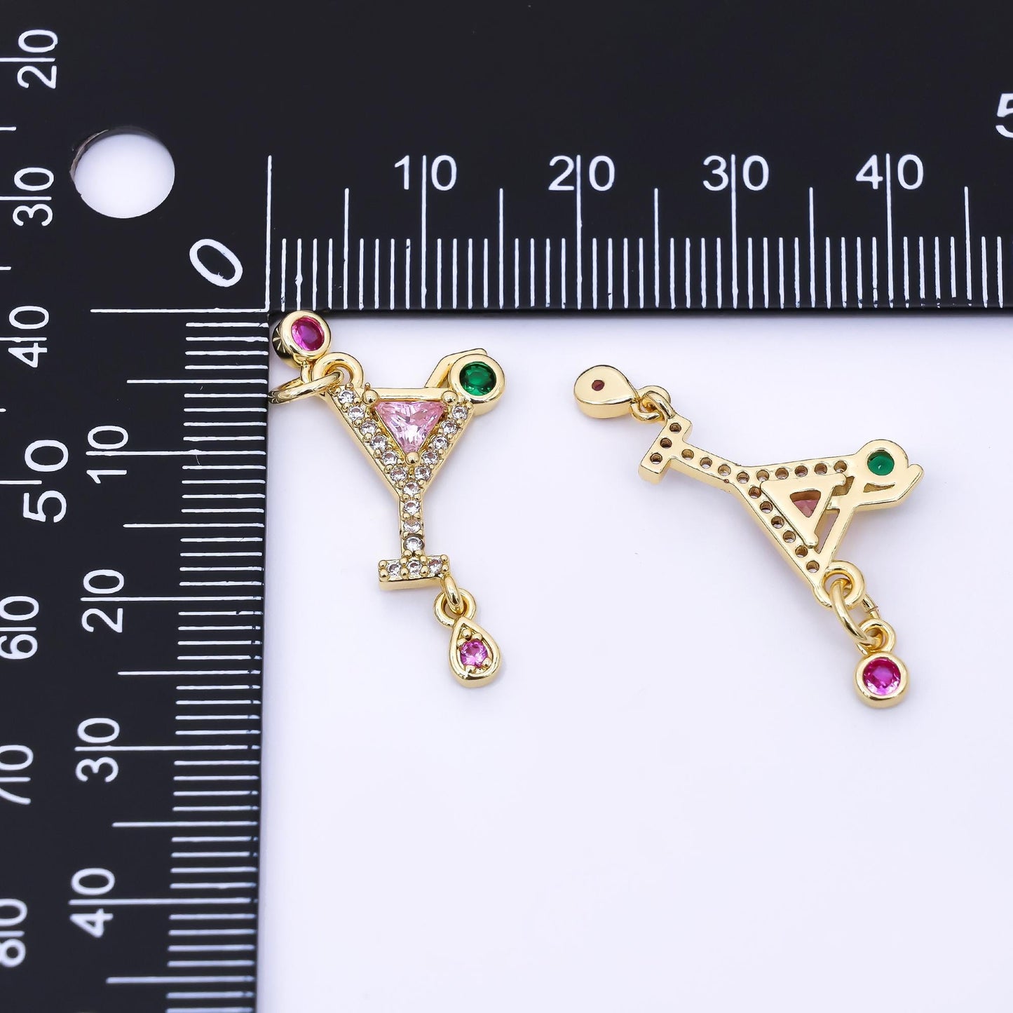 24K Gold Filled 18.5mm Pink, Green, & Fuchsia CZ Cocktail Drink Charm | AC1605