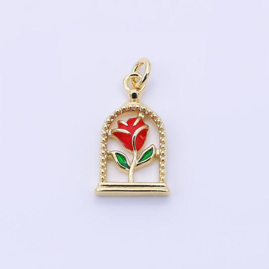 24K Gold Filled 16mm Hand-Painted Enamel Magical Enchanted Rose Flower Charm | AC1611