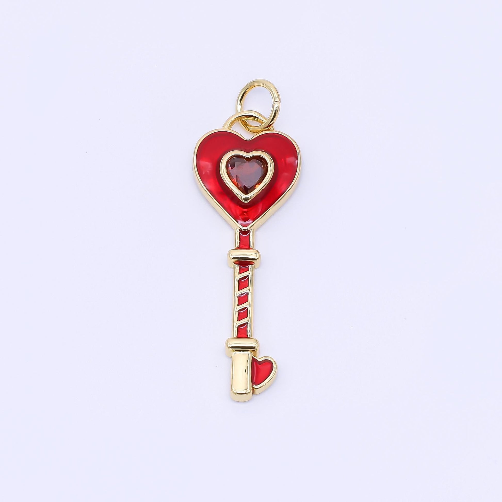 24K Gold Filled 28mm Red Heart-Shaped CZ Hand-Painted Enamel Heart Key Charm | AC1603