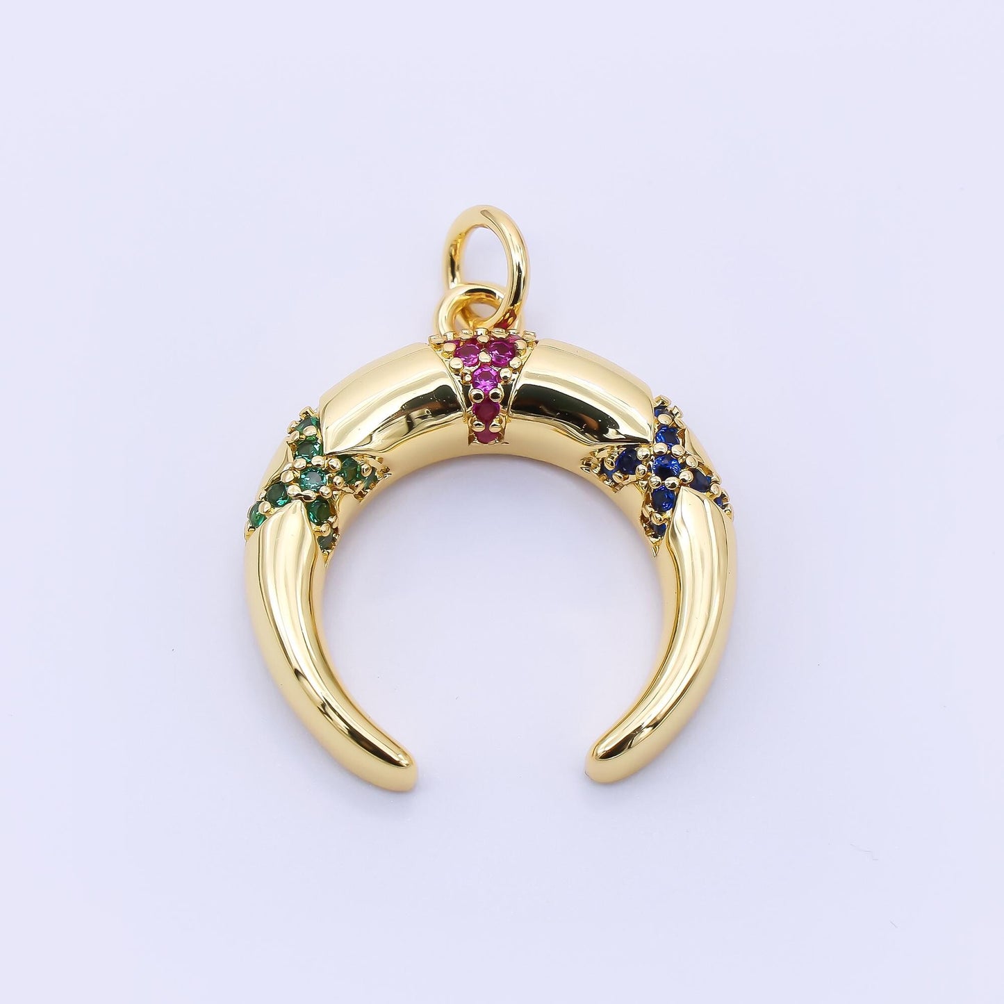 24K Gold Filled 20mm Green, Fuchsia, & Blue Micro Paved CZ Crescent Moon Charm | AC1610